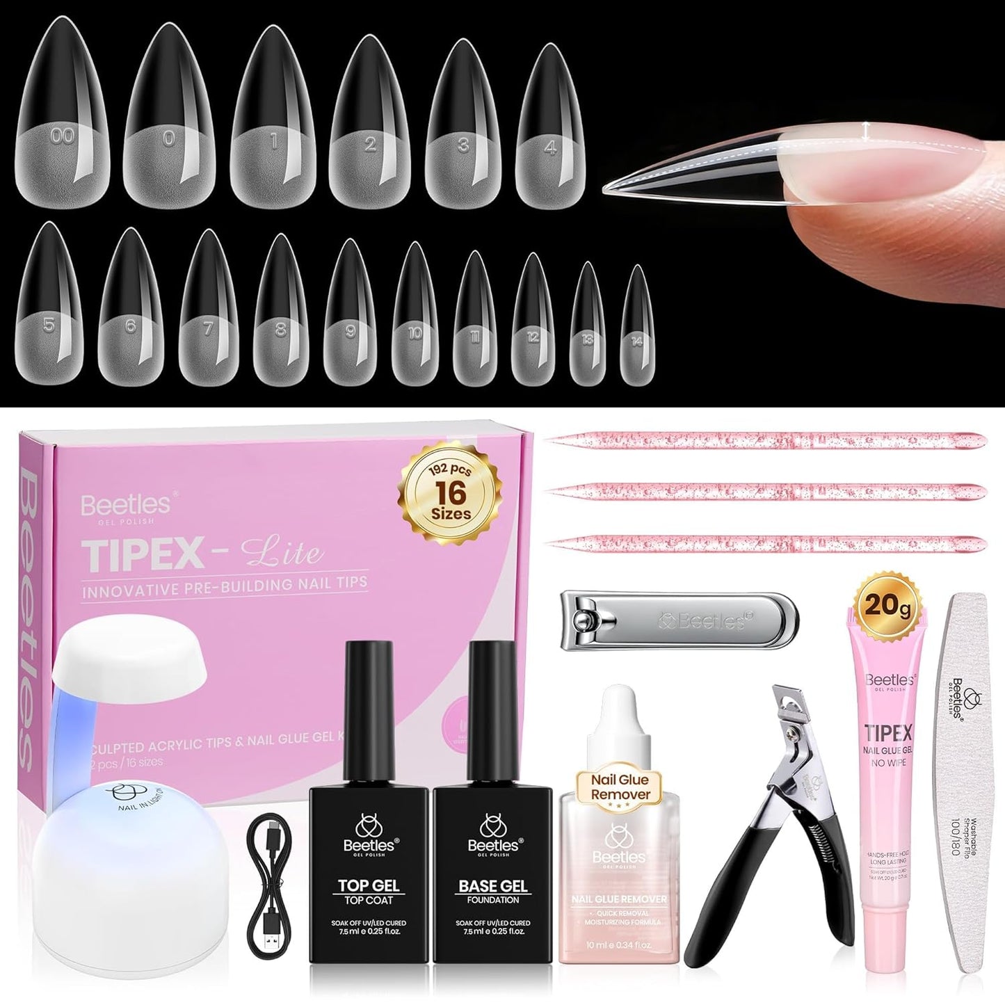 Beetles Tipex Lite Kit - All-in-One DIY Nail Art Set with Mini UV Lamp, 256PCS, Short Almond, 16 Sizes