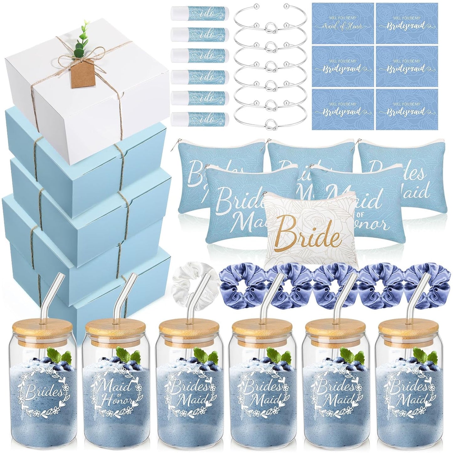 Bridesmaid Proposal Gifts - 54 Pcs Set with Makeup Bag, Glass Cup & Bracelet | Green & White