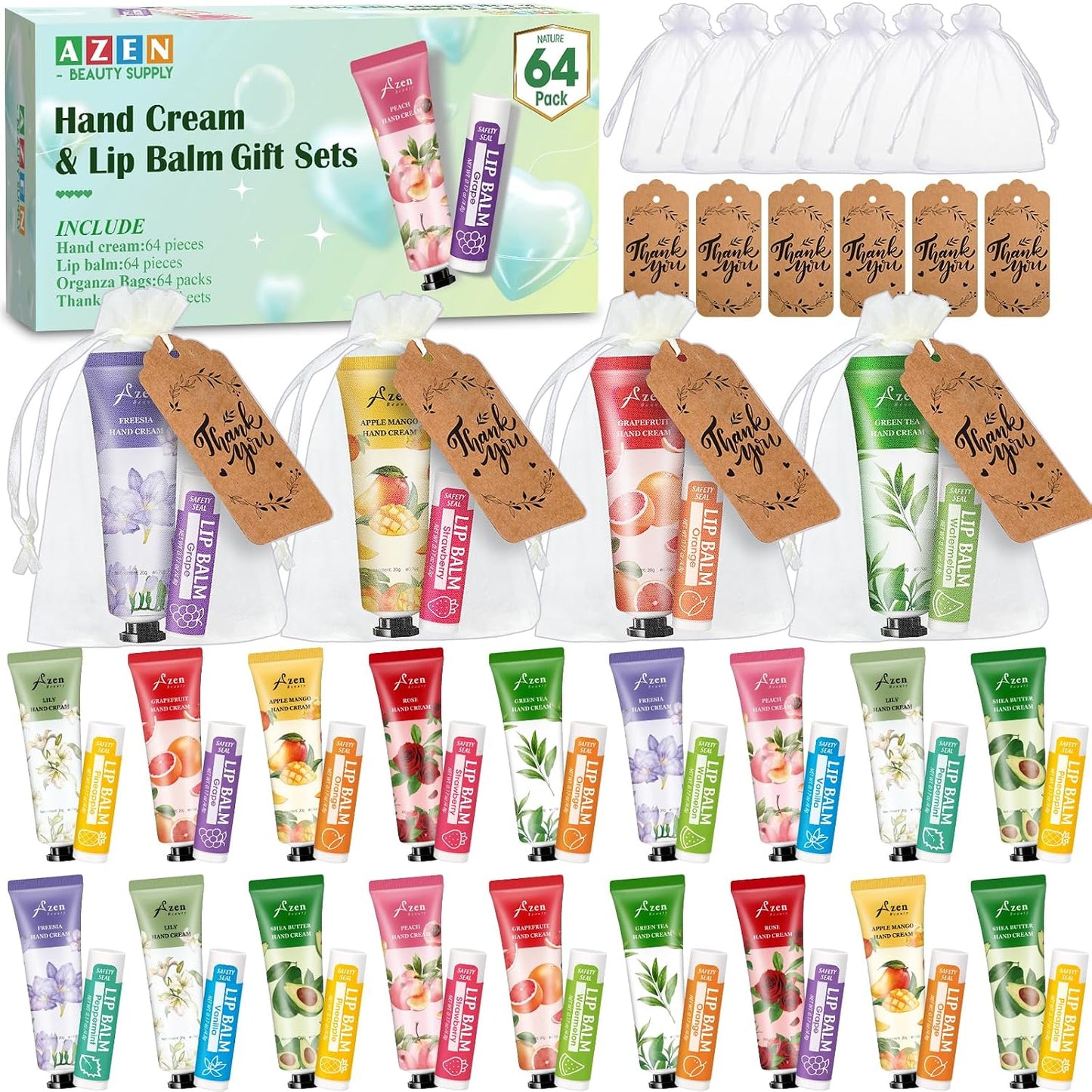 Hand Cream and Lip Balm Gift Set - 16 Sets with Organza Bag | Perfect for Baby Showers, Weddings, and Mother's Day