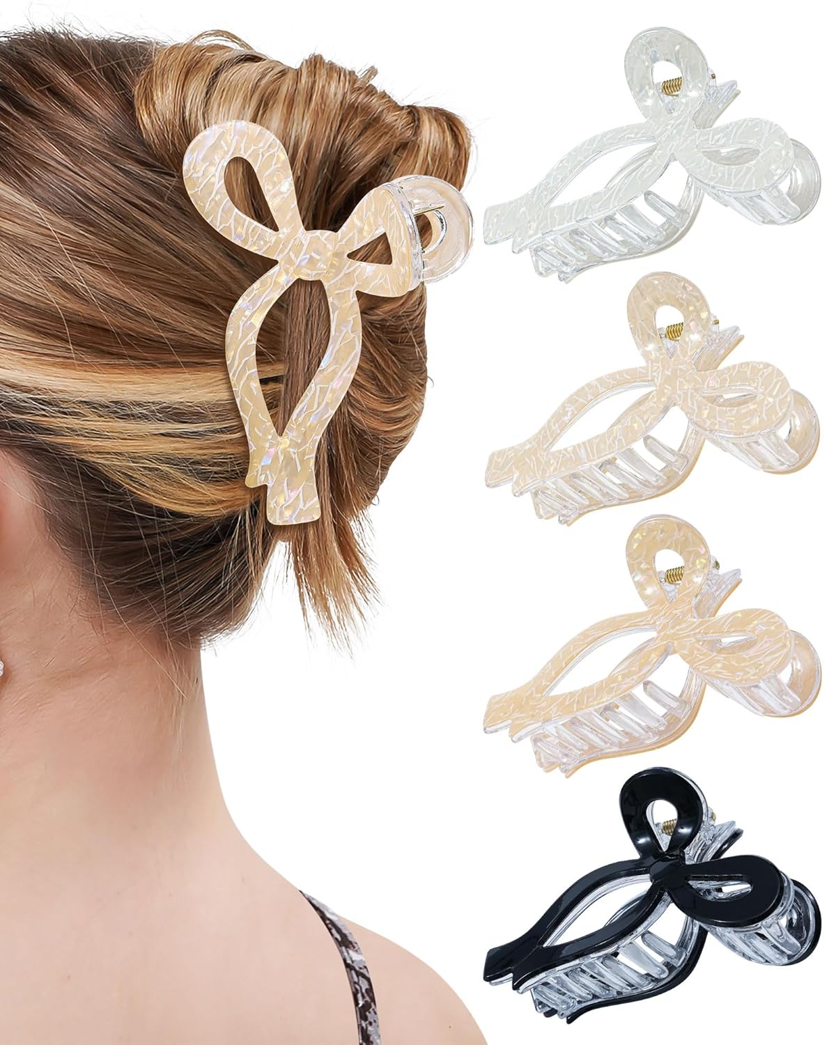 Bow Hair Claw Clips - 4 Pack Nonslip Large Grip for Women | Strong Hold Hair Jaw Clamps in Black, Burgundy, White, Red Polka Dots
