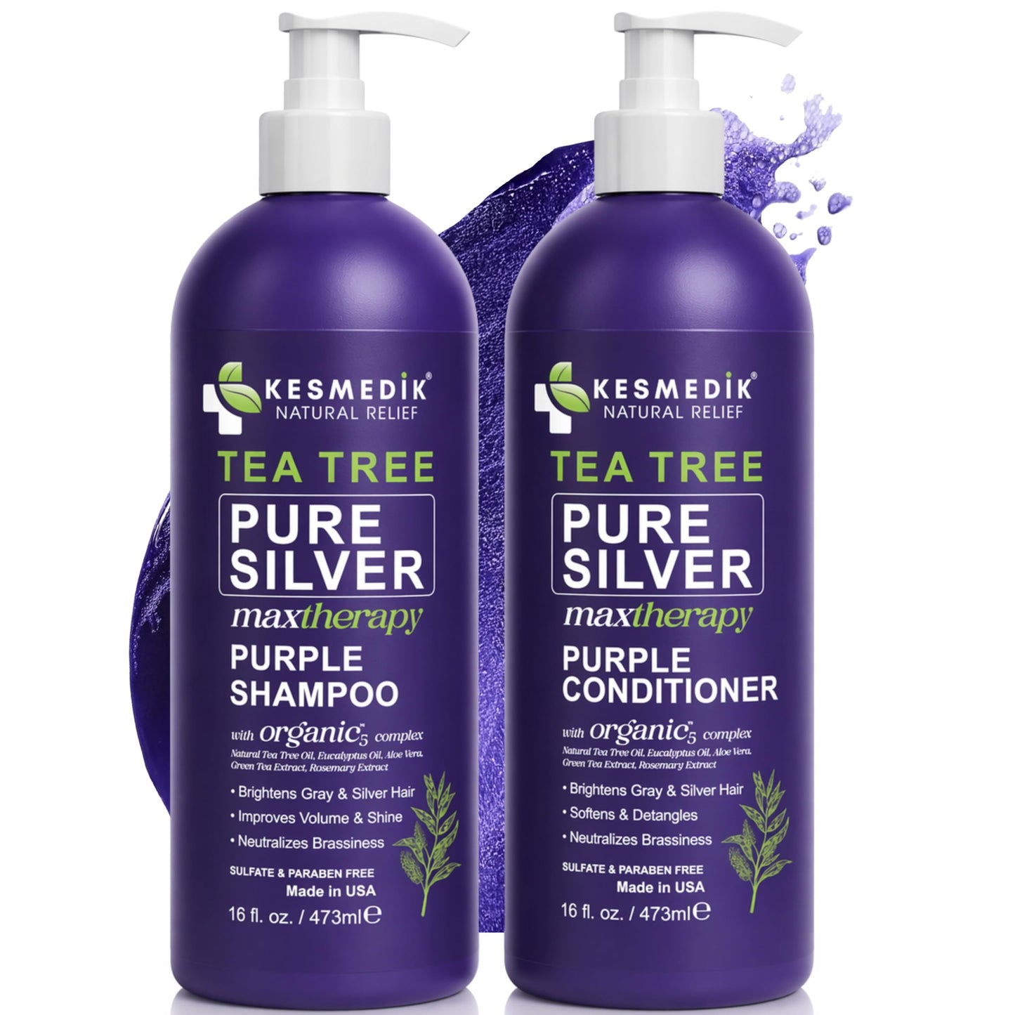 KESMEDIK Tea Tree Purple Shampoo & Conditioner Set with Rosemary & Aloe, Professional Anti Brass Toner, Removes Yellow Tones for Gray, Bleached, White & Blonde Hair, Refreshes Scalp, Sulfate-Free