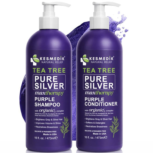 KESMEDIK Tea Tree Purple Shampoo & Conditioner Set with Rosemary & Aloe, Professional Anti Brass Toner, Removes Yellow Tones for Gray, Bleached, White & Blonde Hair, Refreshes Scalp, Sulfate-Free