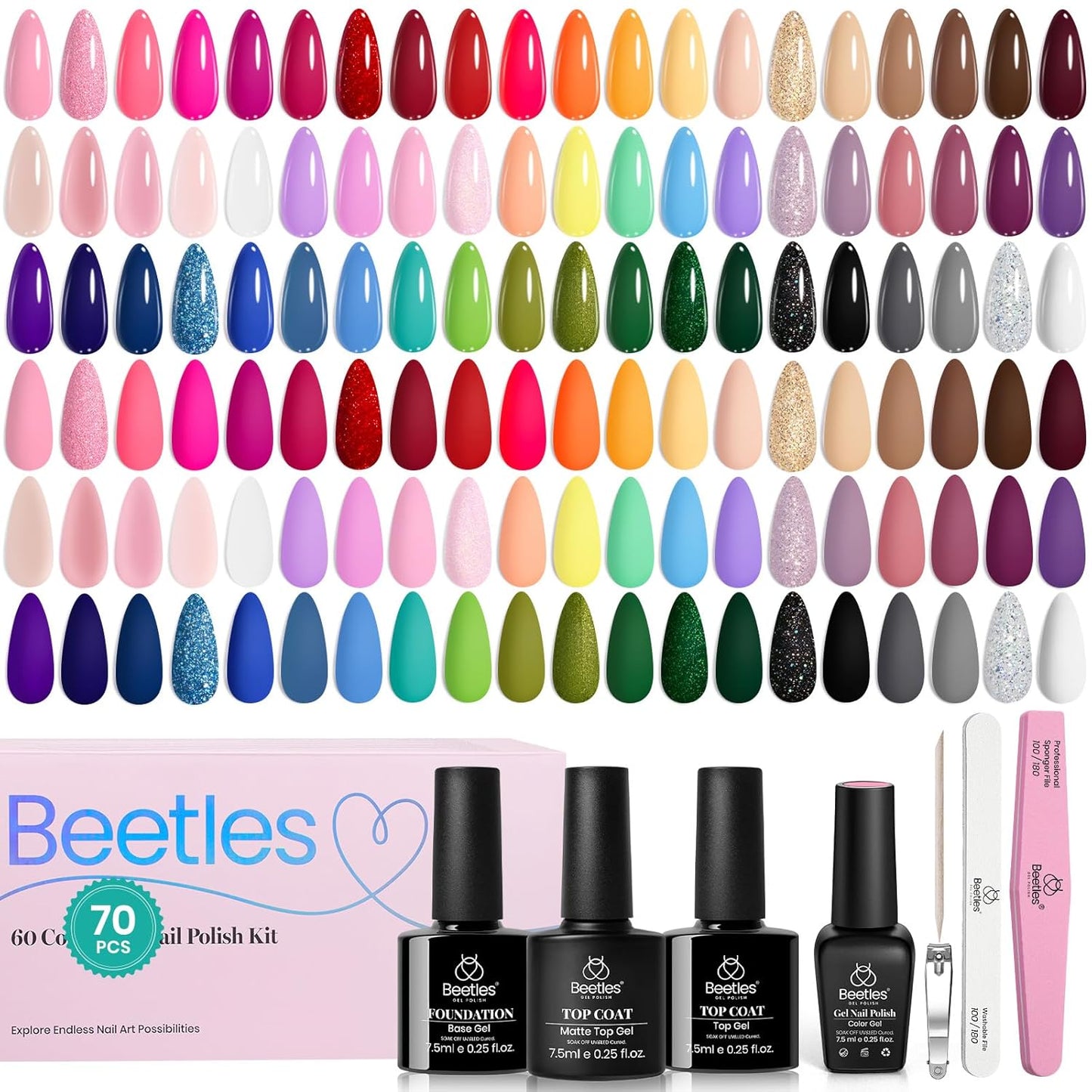 Beetles Gel Nail Polish Set - 32 Vibrant Colors | UV LED Soak Off Nail Kit with Base & Top Coat