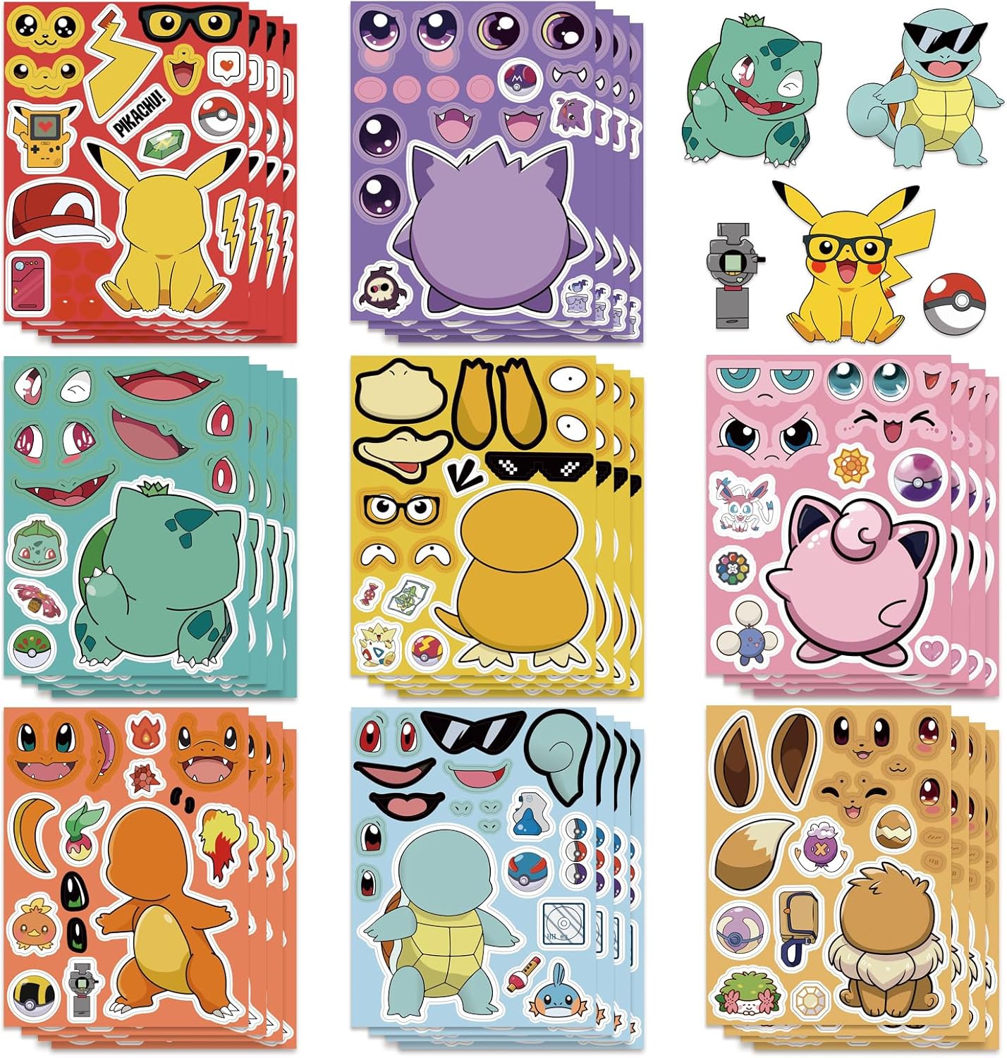 Pokémon Stickers - Cute Cartoon Monster Characters for DIY Projects | Kawaii Make-a-Face Party Favors (24 Sheets)