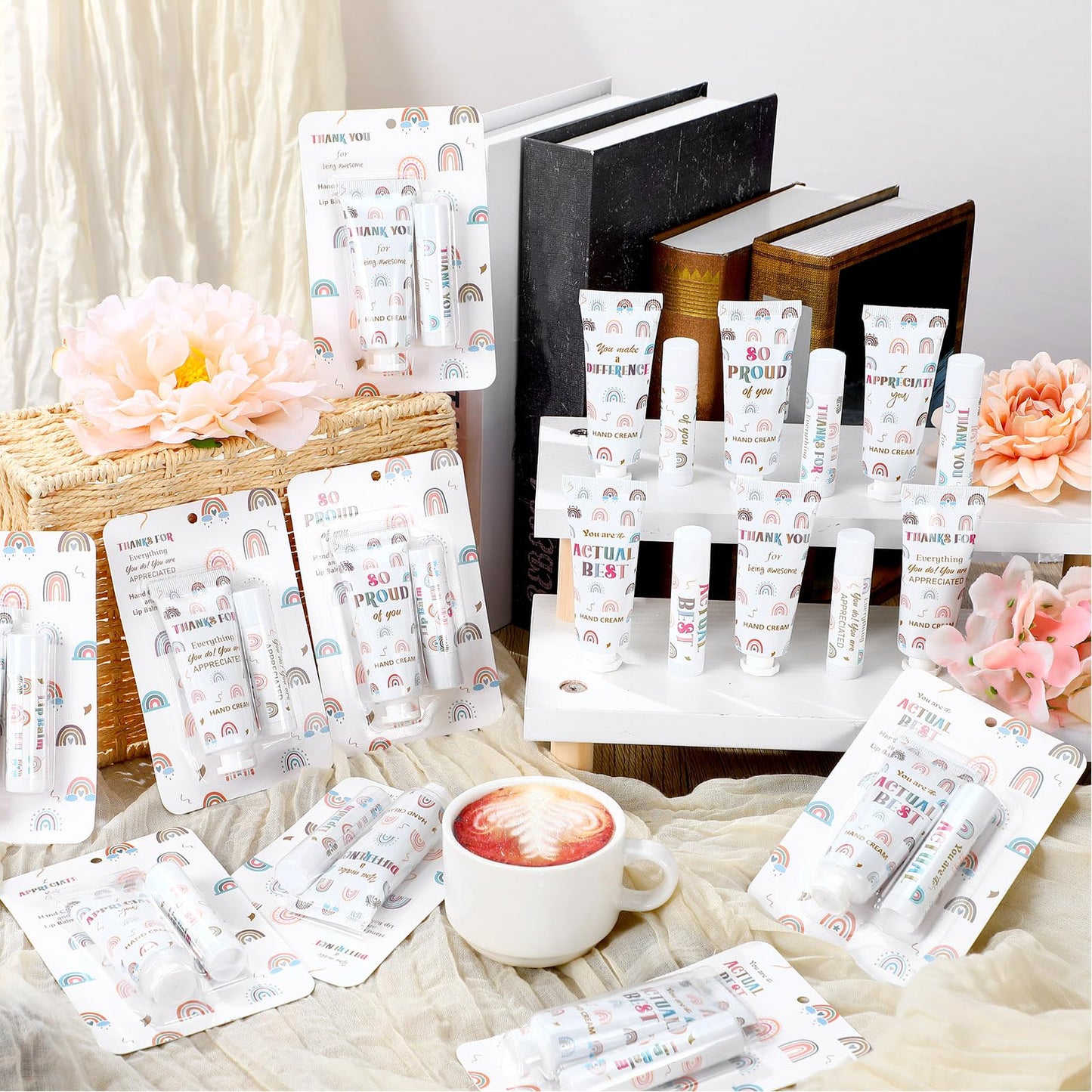 Loopeer 24 Set/ 48 Pcs Back to School Teacher Employee Appreciation Gift Bulk Boho Rainbow Lip Balm Hand Cream Lotion Set Small Team Thank You Gifts Party Favor for Women Classroom Staff Coworker