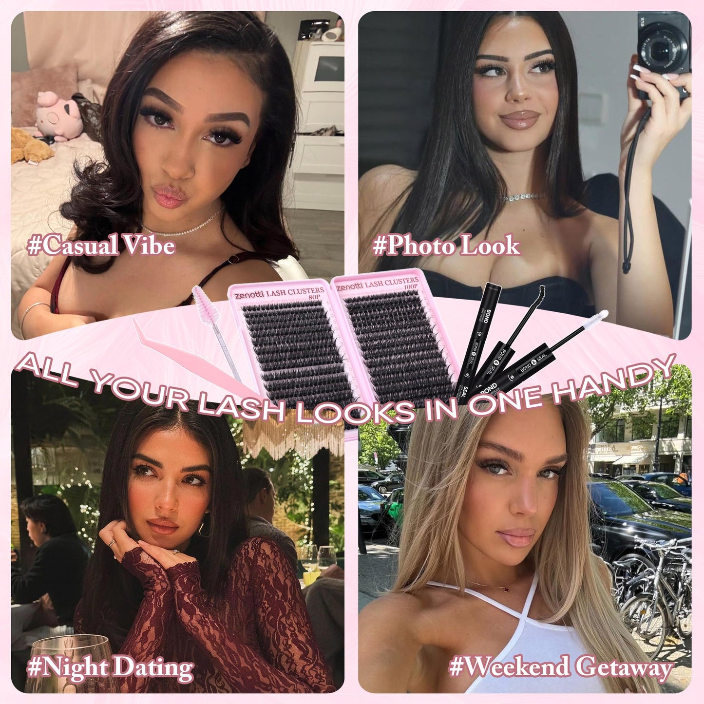 Lash Clusters Kit Fluffy 80D 100D Eyelash Clusters Kit 544PCS Wispy Cluster Eyelash Extensions D Curly Individual Lashes 8-16mm Soft Band DIY at Home with Lash Bond&Seal Tweezers Brush by zenotti