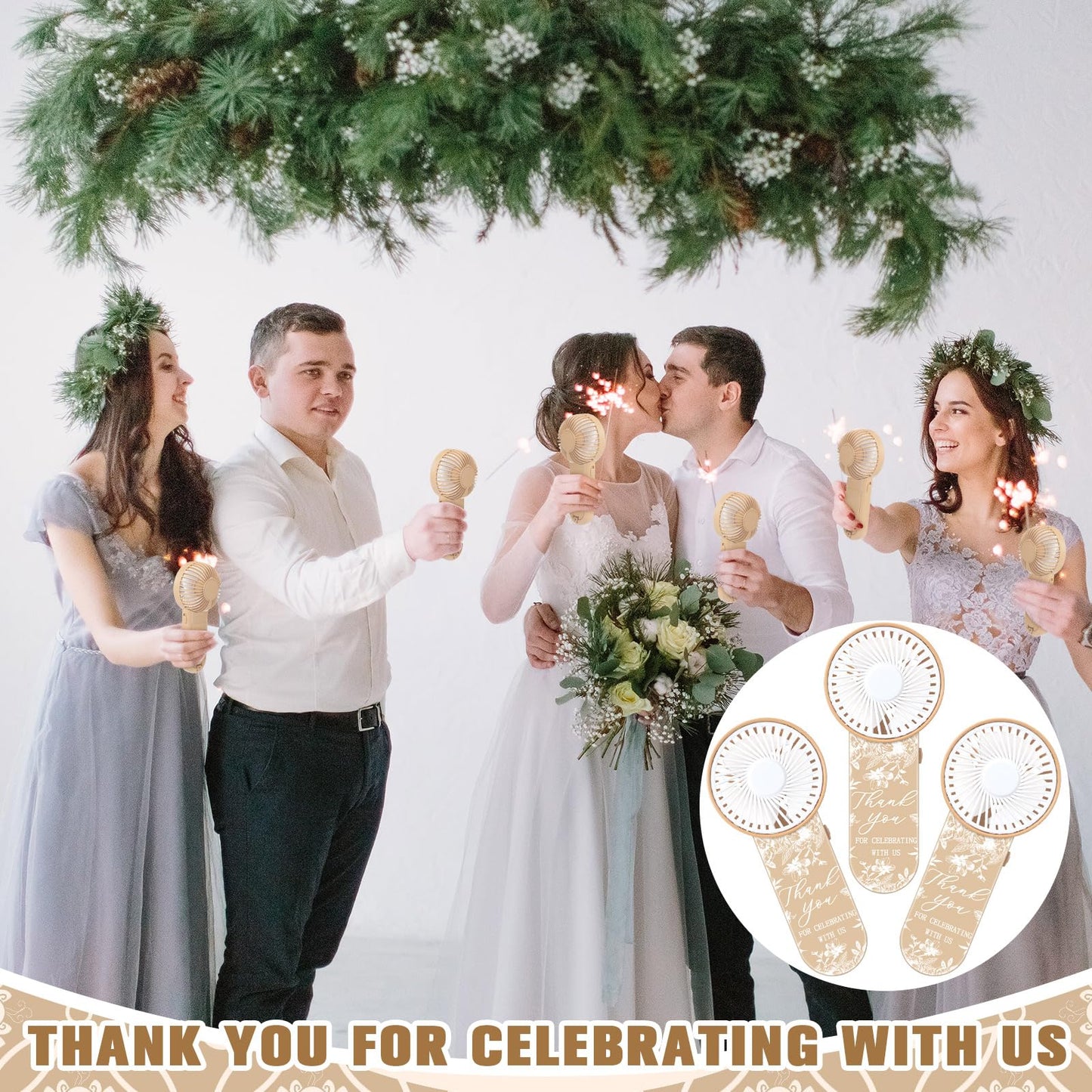 Tujoe 100 Pcs Wedding Handheld Fans for Guests Mini Personal Portable Fans Bulk Thank You for Celebrating with Us Fan for Wedding Bridal Shower Party Favors Summer Travel (Beige Botanical Lace)