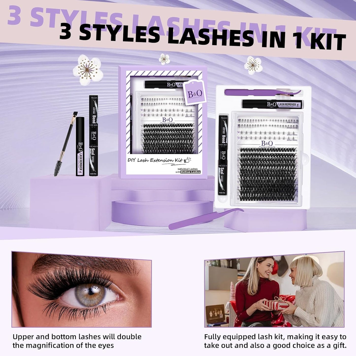 Eyelash Extension Kit - 10-18mm D Curl Lash Clusters with Bottom Lashes | DIY Bond & Seal Applicator