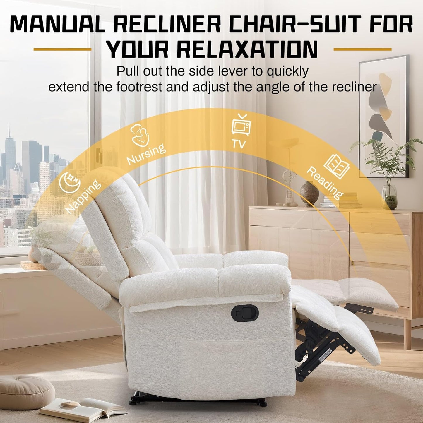 Recliner Chair - Upholstered Manual Recliner for Small Spaces | Modern Chenille Design in Beige with Side Pockets