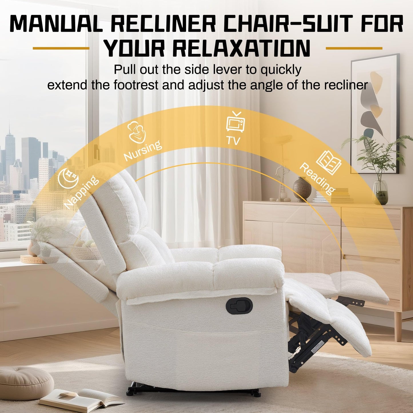 Korser Recliner Chair, Living Room Recliner Chairs for Adults, Small Recliners for Small Spaces, Upholstered Manual Recliner with Side Pockets, Modern Nursery Chair for Living Room, Chenille, Beige