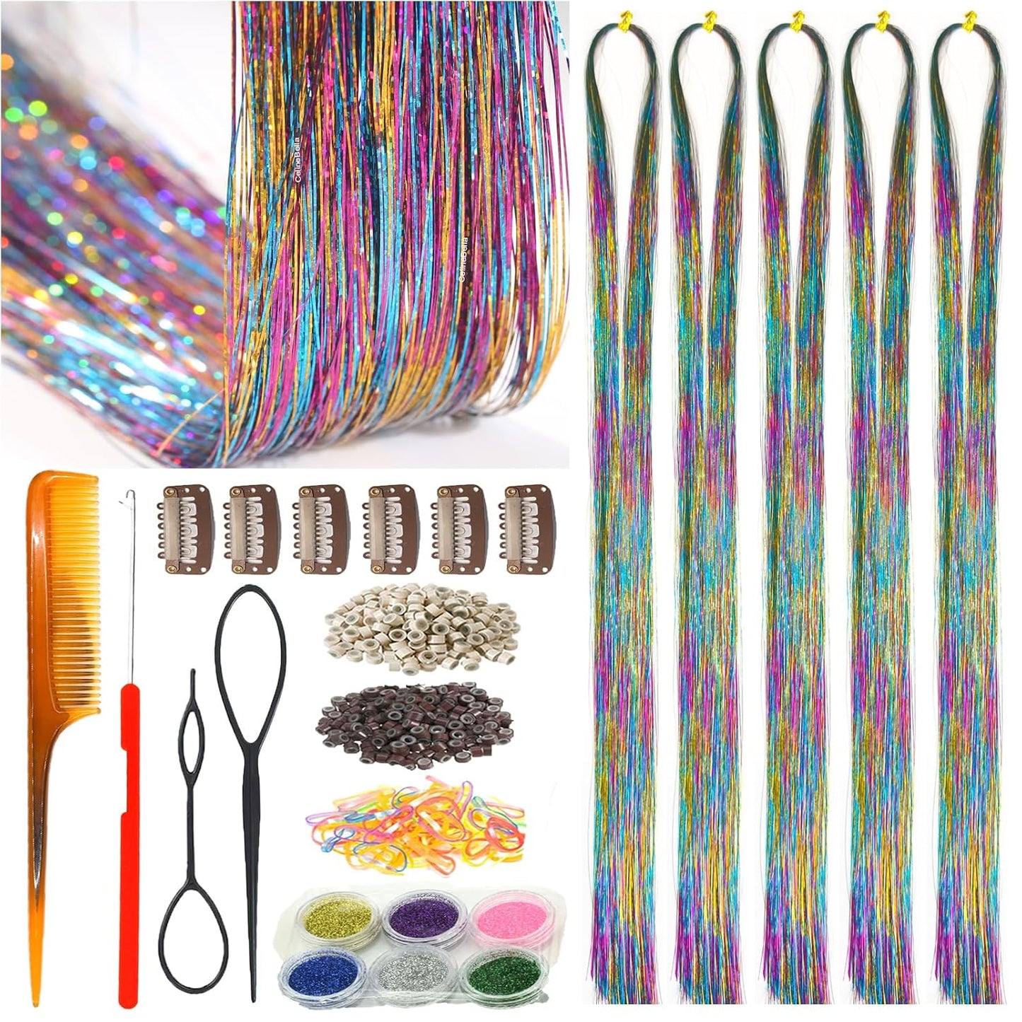 Gold Turquoise Hair Tinsel - Ice Crystal Effect, 48 Inch, 1250 Strands | Heat Resistant Sparkling Glitter for Women Party Cosplay