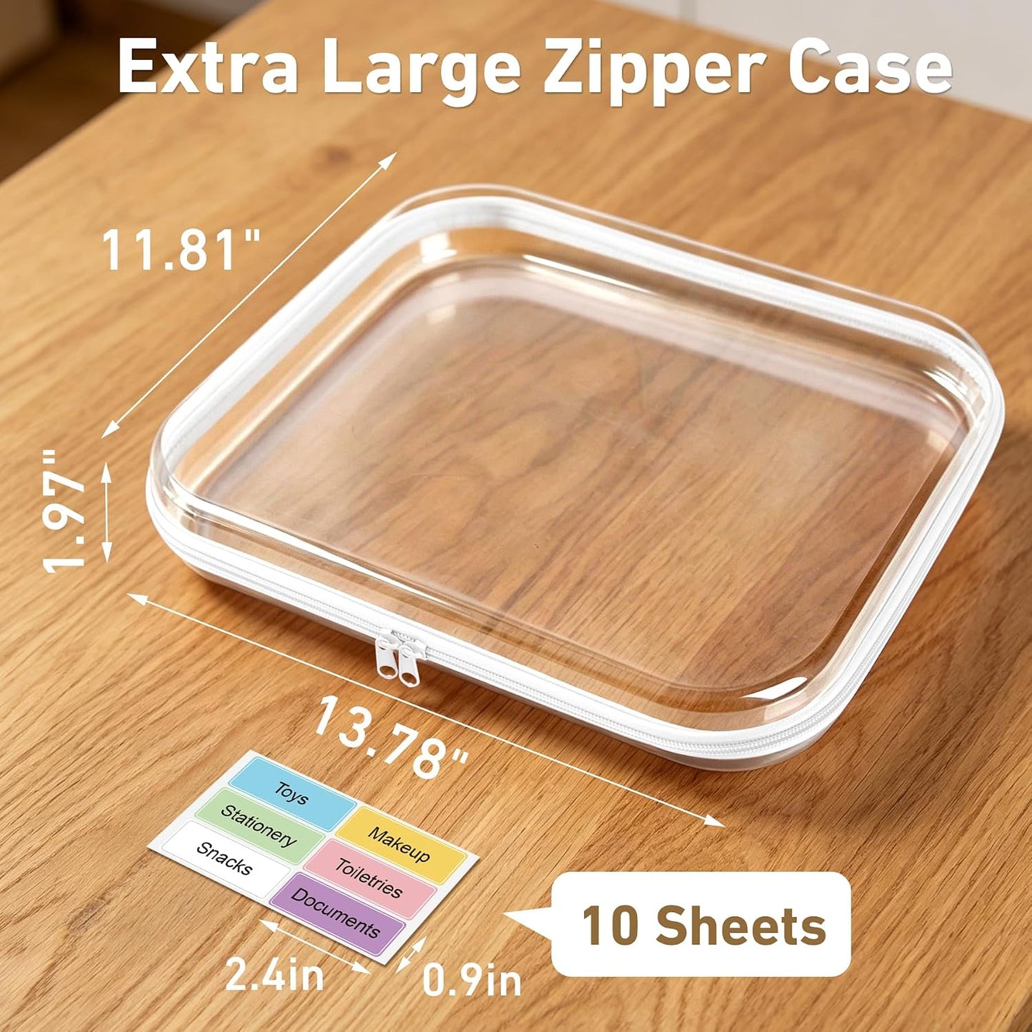 Extra Large Clear Hard Shell Zipper Case - Travel Toiletry Pouch & Makeup Organizer | 3 Pack, White