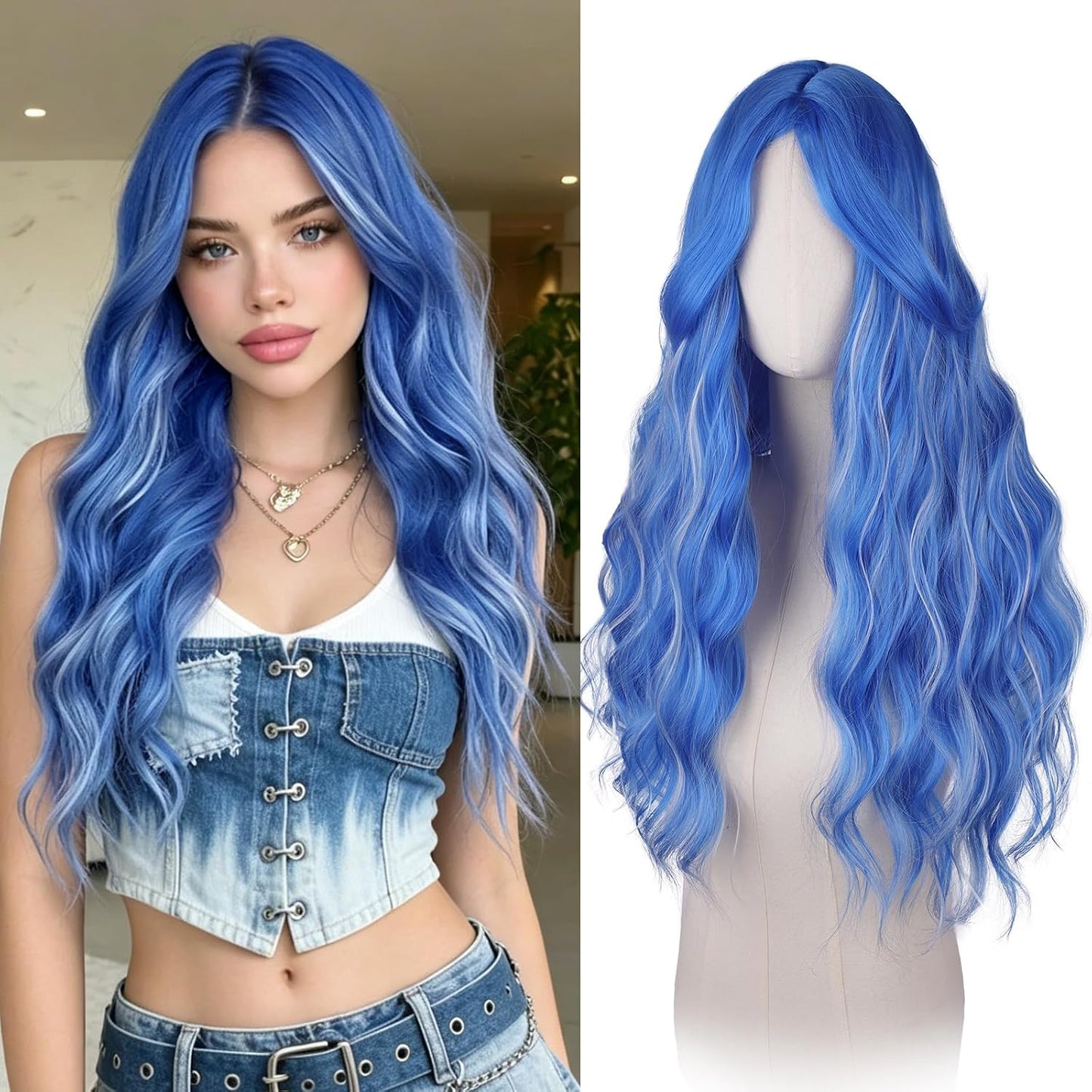 Blue Wigs with Curtain Bangs - Long Wavy Synthetic Hair Wig for Women | 26 Inch Blue Mixed Grey
