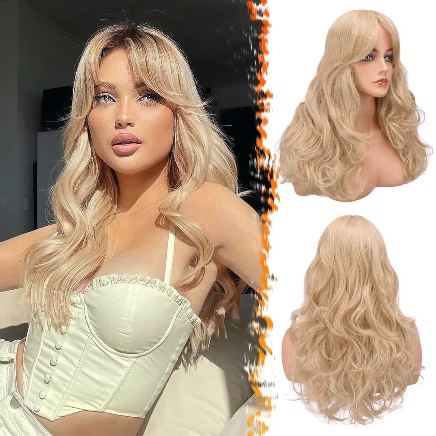 Long Wavy Blonde Curtain Bangs Wig - 26" Synthetic Ombre Wig with Dark Roots | Soft Natural Look