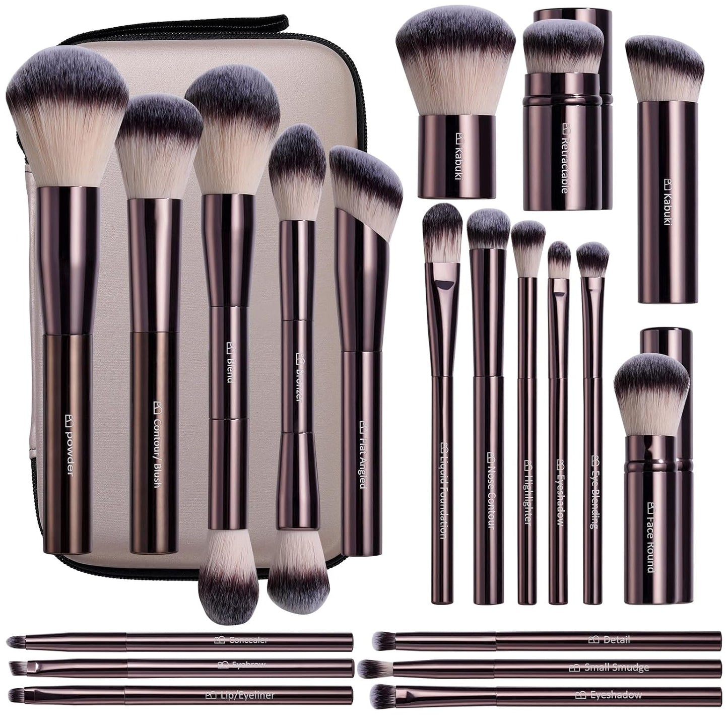 Professional Makeup Brushes Set - 20 Pcs Kabuki, Eyeshadow, Concealer, Blush & Foundation Brushes with Travel Case | Beige