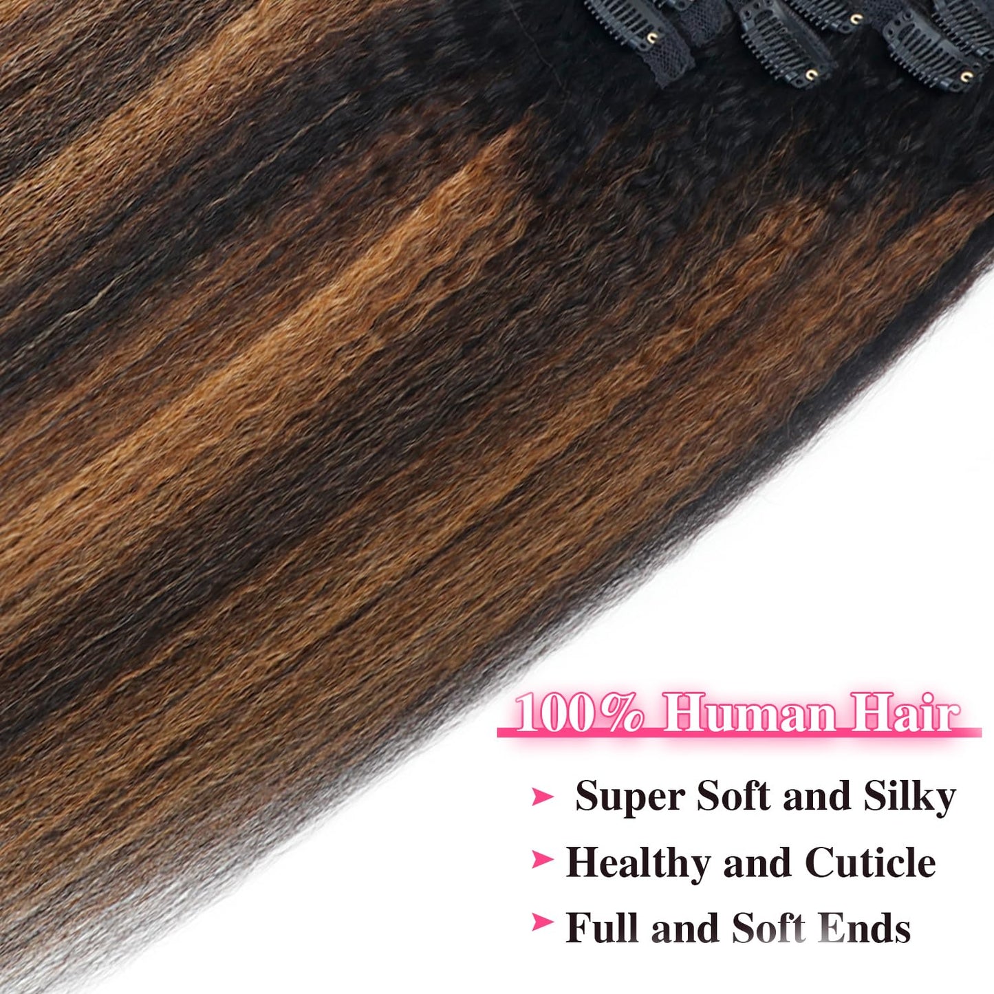 F1B/30 Omber Kinky Straight Clip in Hair Extensions Real Human Hair For Women Highlight Hair Extensions Kinky Straight Clip ins(20inch,T1BP1B/30)