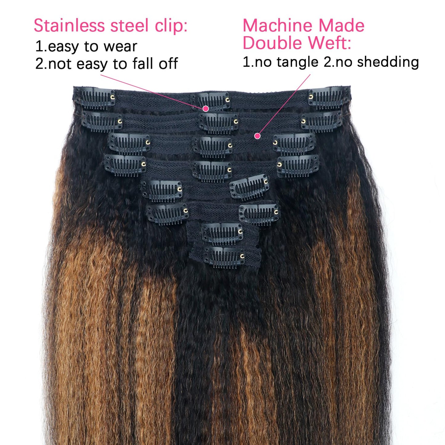 F1B/30 Omber Kinky Straight Clip in Hair Extensions Real Human Hair For Women Highlight Hair Extensions Kinky Straight Clip ins(20inch,T1BP1B/30)