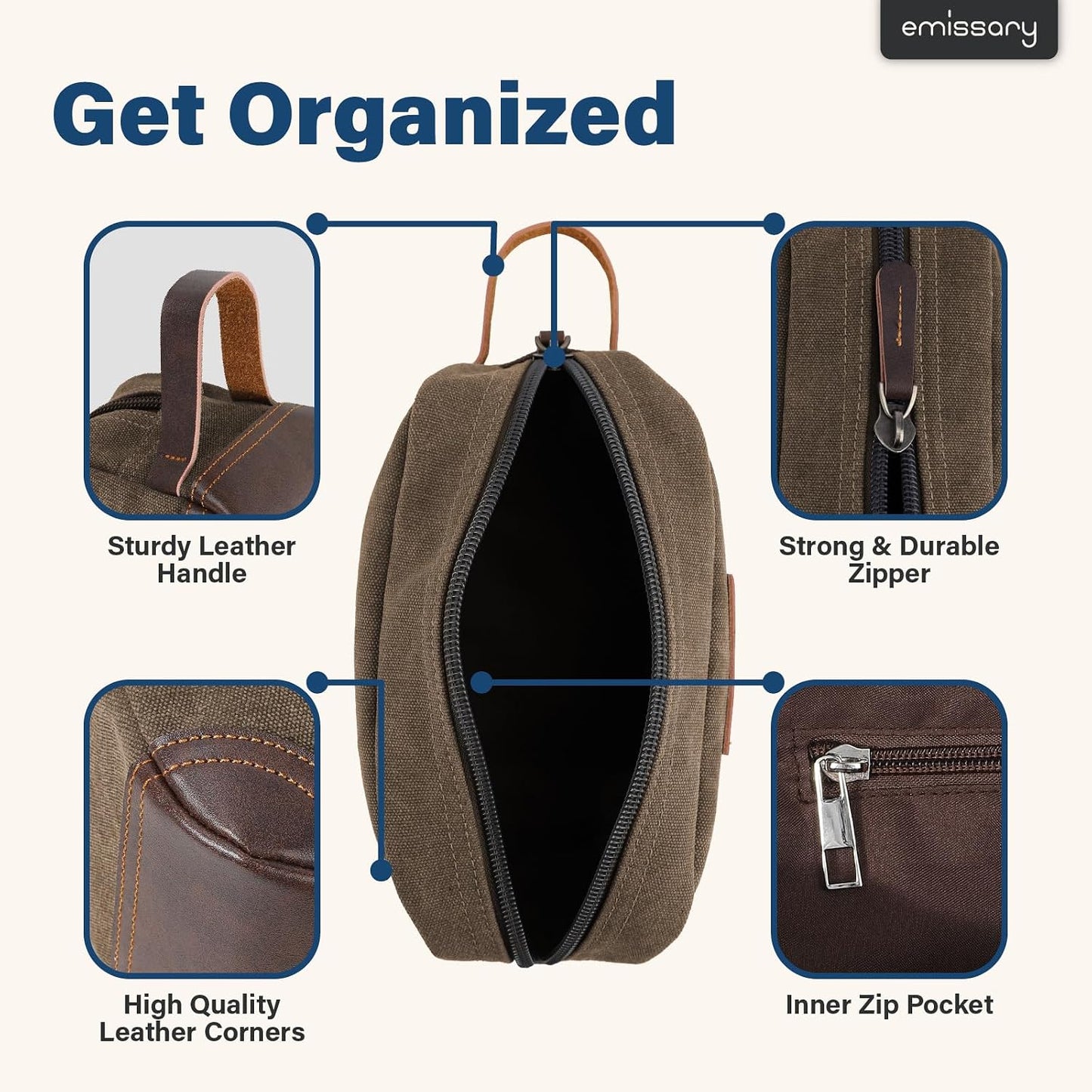 Men's Leather and Canvas Toiletry Bag - Travel Dopp Kit for Shaving Accessories | Coffee Color