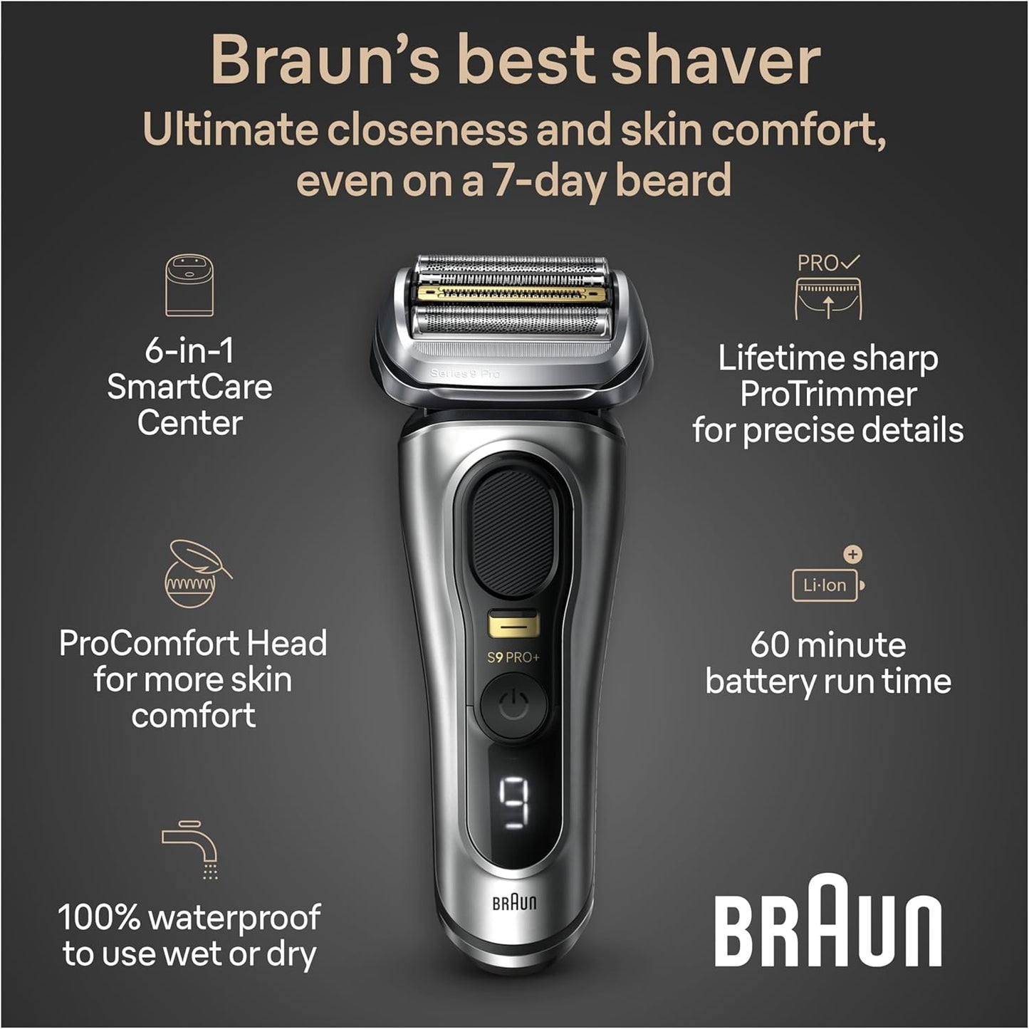 Braun Series 9 PRO+ Electric Razor for Men - 5 Pro Shaving Elements, Wet/Dry Use | SmartCare Center, 9597cc
