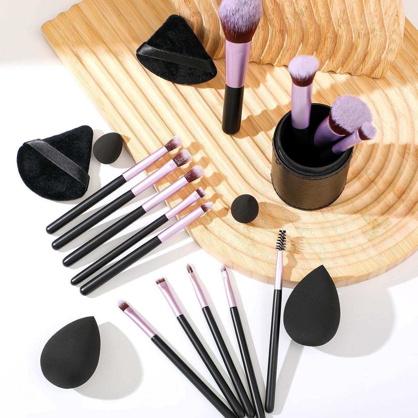 Travel Makeup Brush Set - 14 Pcs Portable Mini Brushes with Case | Includes 5 Pcs Makeup Sponges for Foundation & Eye Shadows - Black