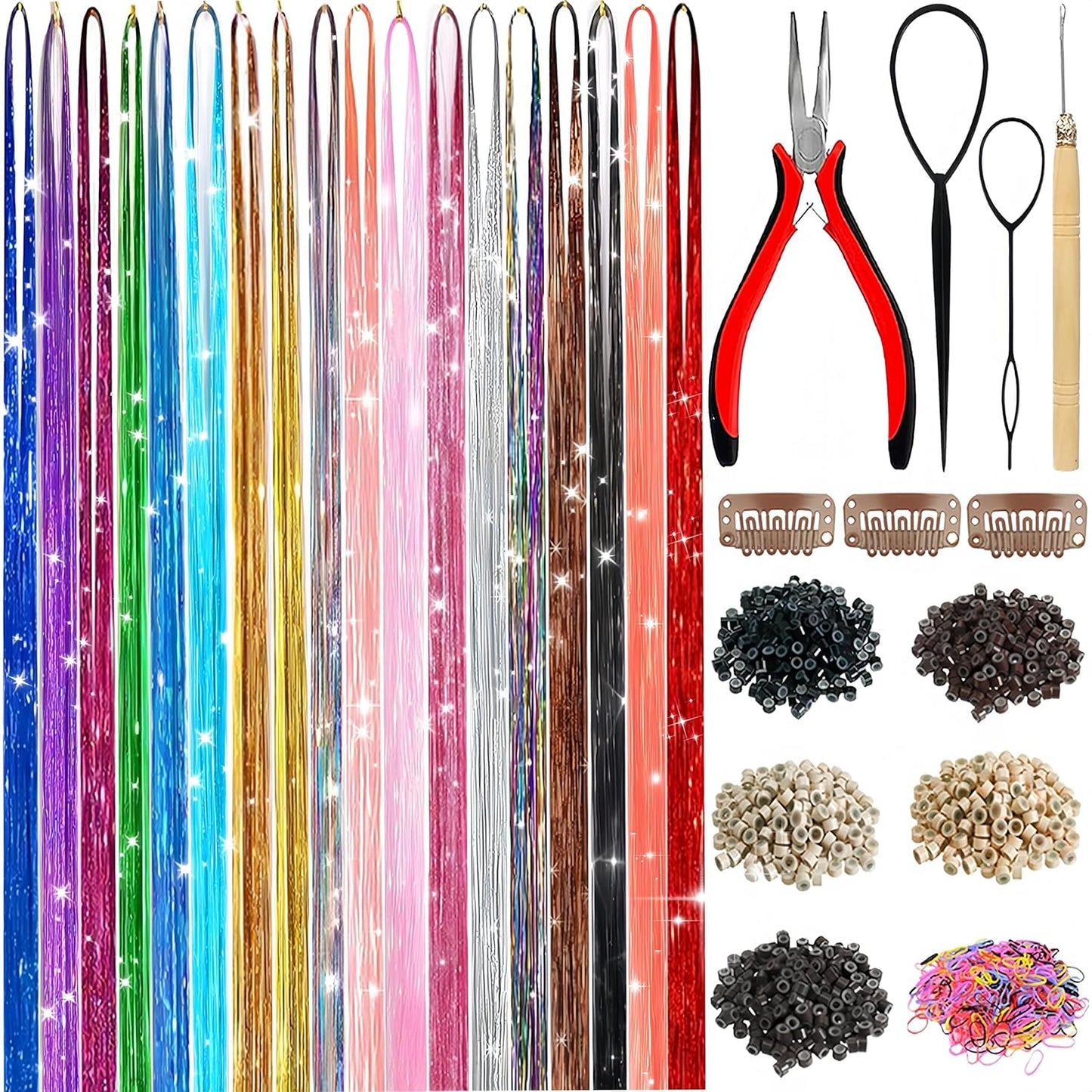 Hair Tinsel Kit - 18 Colors Holographic Hair Extensions | Heat Resistant Fairy Tinsel for Festivals & Parties
