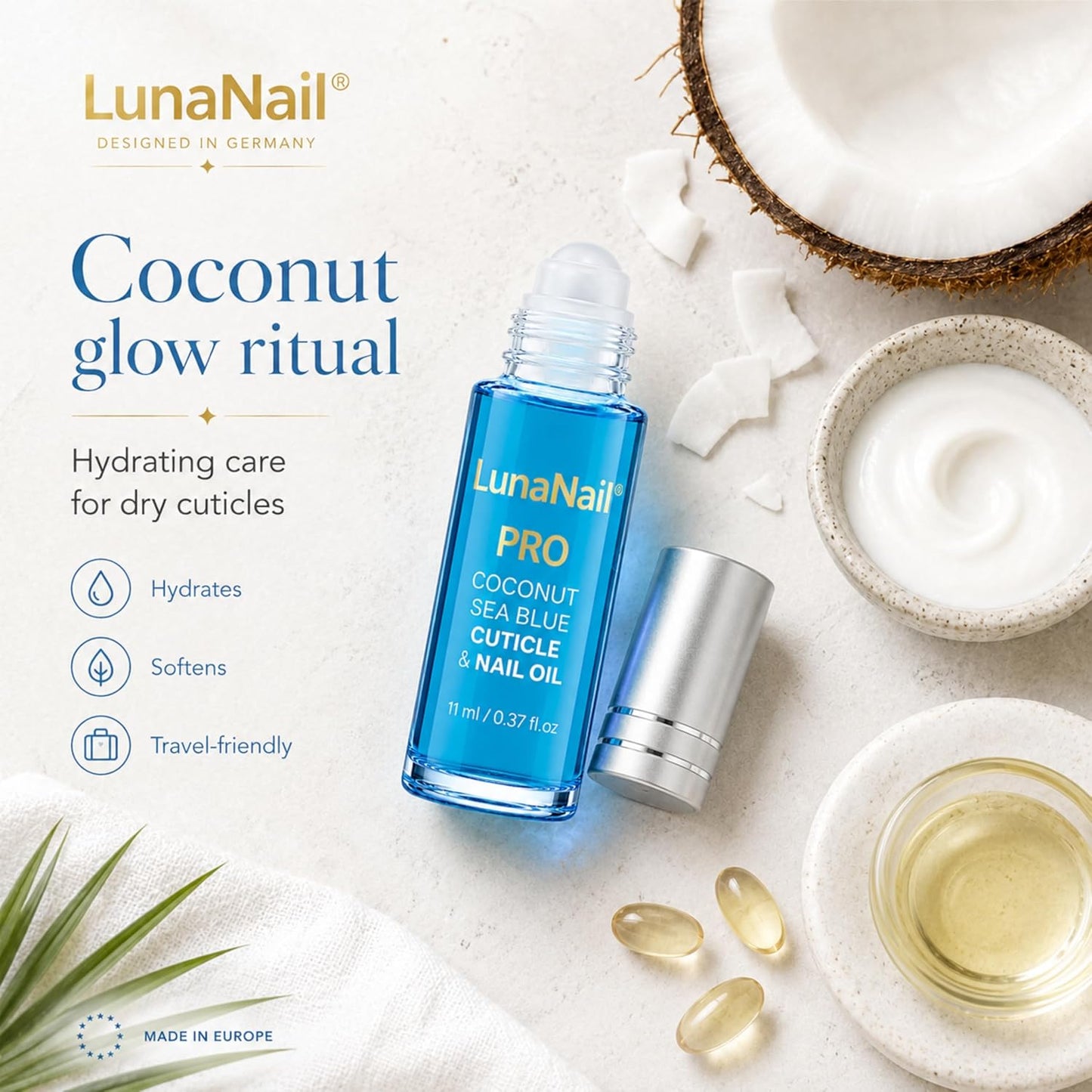 Cuticle Oil - Roll-On Nail Oil with Vitamin E & Jojoba | Hydrating Serum for Dry Cuticles - Coconut Sea Blue