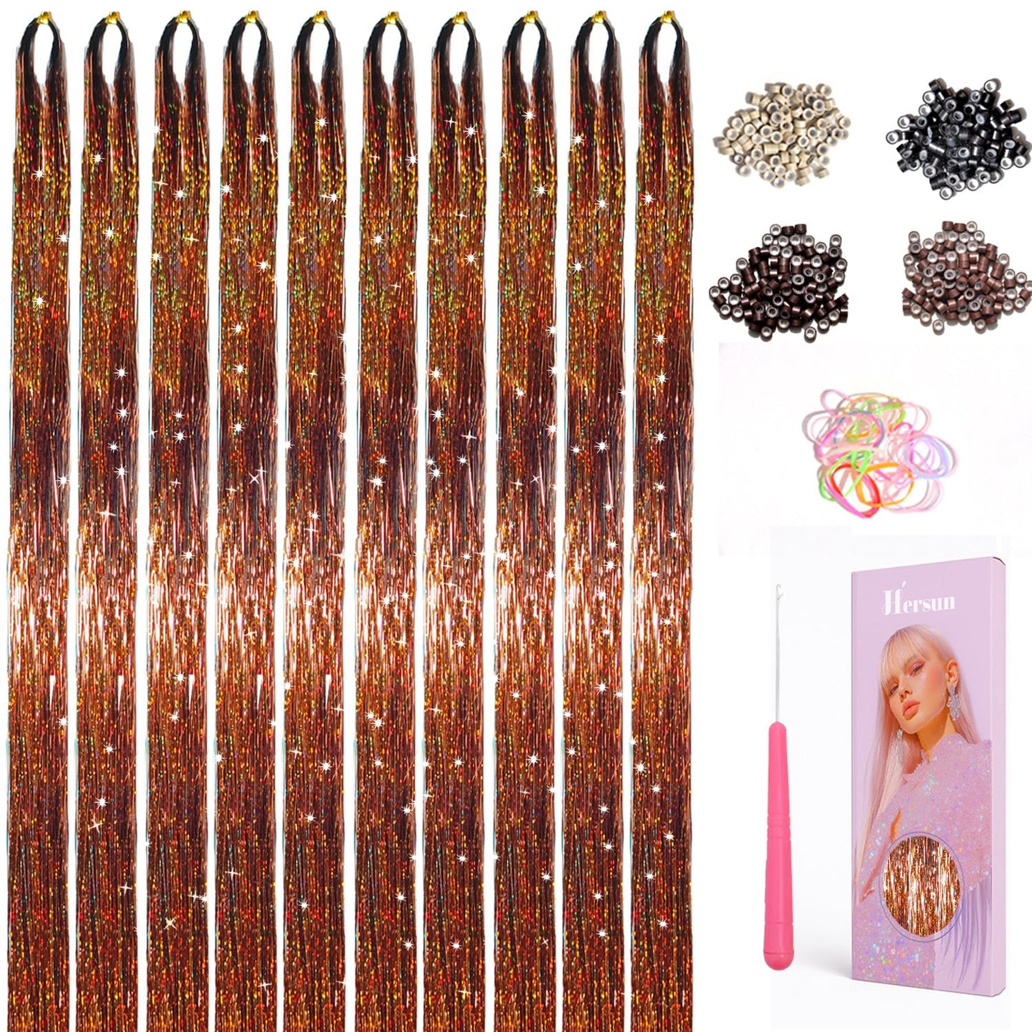 Hersun Hair Tinsel Kit - 10 Colors, 3200 Strands, 48in | Heat-Resistant Fairy Hair Extensions for Parties & Festivals