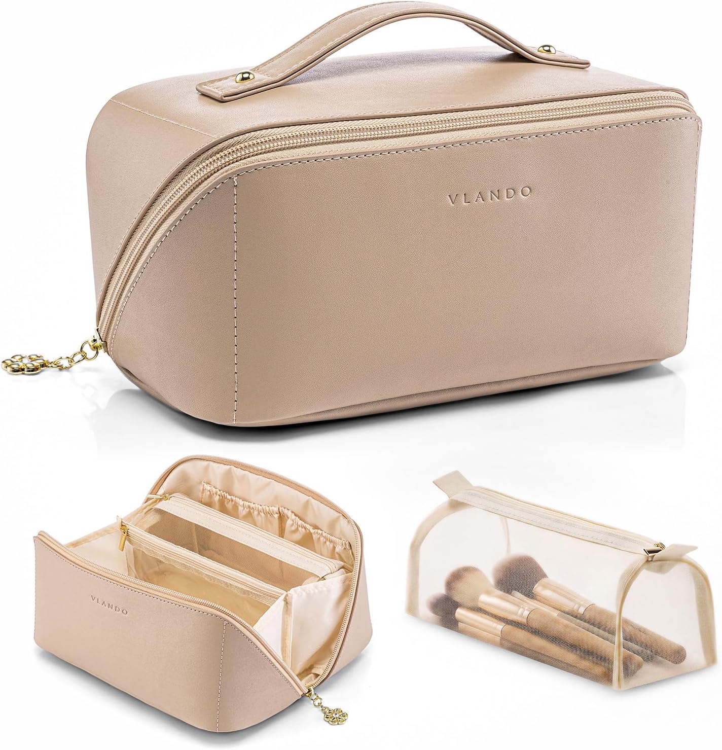 VLANDO Makeup Bag - Travel Toiletry & Cosmetic Bag for Women | PU Leather, Portable Design - Toffee