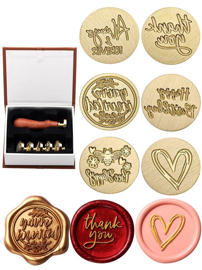 Yoption Wax Seal Stamp Gift Box Kit, 6 Pieces Blessing Sealing Wax Stamp Heads with 1 Wooden Hilt Set, Wax Stamp Kit for Envelopes Invitation Card Gift Decoration (Phrases Series)