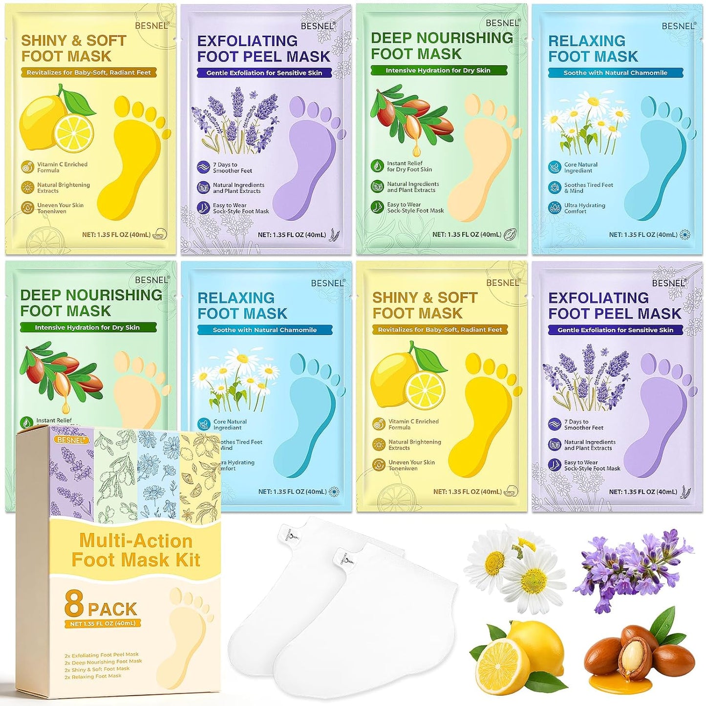 Moisturizing Foot Mask - Hydrating Socks for Dry Cracked Feet | 8 Pack, Baby Soft Skin, Spa Gift Set
