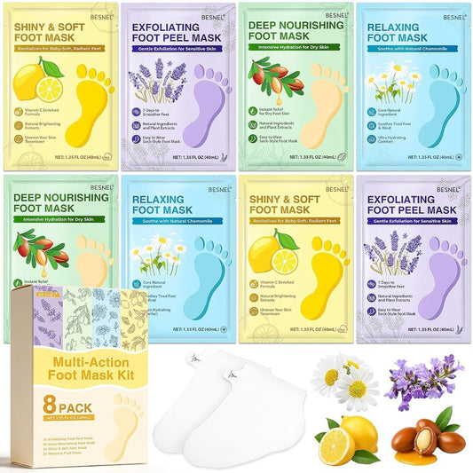 Moisturizing Foot Mask - Hydrating Socks for Dry Cracked Feet | 8 Pack, 4 Styles for Soft Skin