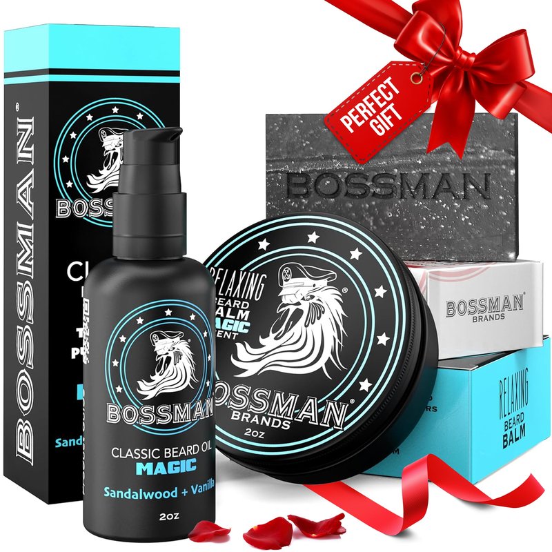 Bossman Starter Beard Kit for Men – Beard Oil (2 oz), Beard Balm & Bar Soap – Natural & Organic Grooming Kit – Made in the USA Men Gift Set (Magic Scent)