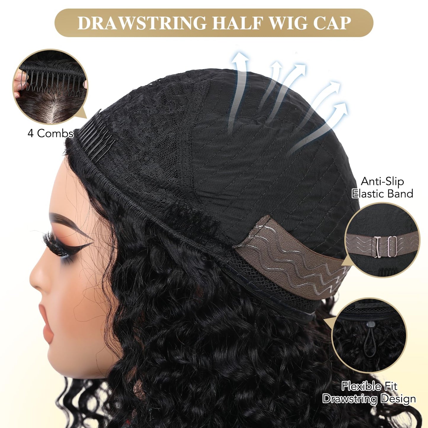 Burmese Curly Human Hair Half Wig - 18 Inch 200% Density Glueless Deep Wave | Natural Color, Seamless Flip Over Design