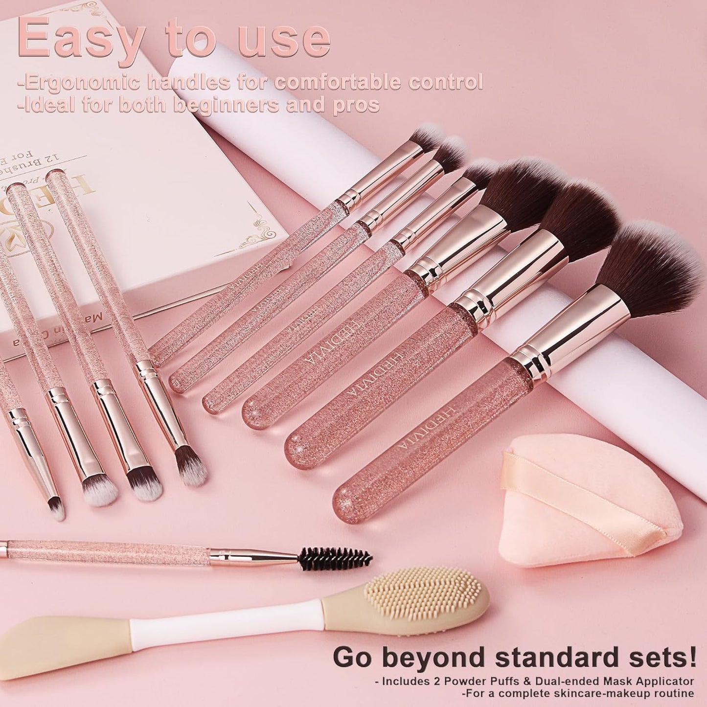 Professional Pink Makeup Brushes Set - 14 Pcs Synthetic Foundation, Concealer & Eyeshadow Brushes | Includes 2 Powder Puffs & Dual-Ended Mask Applicator