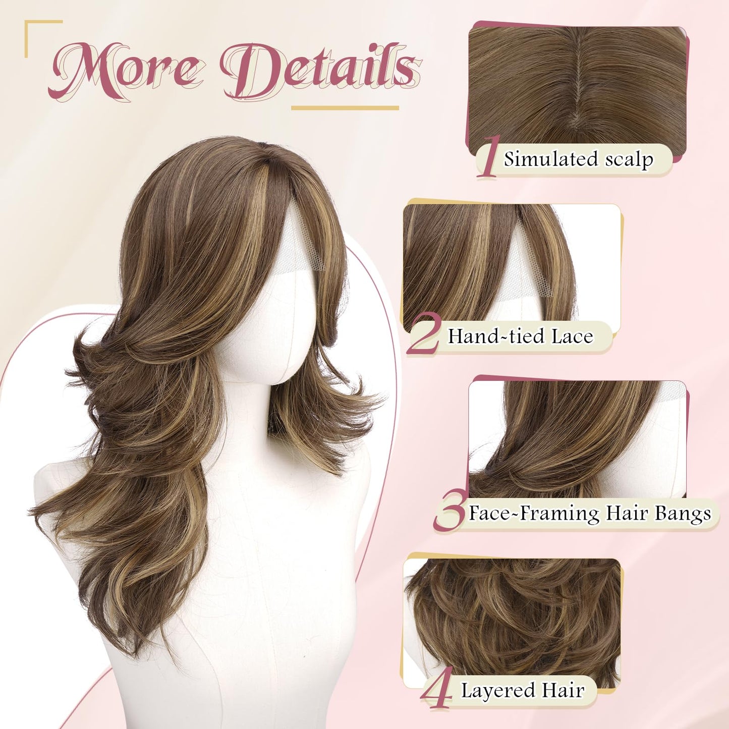 Haloo Brown Layered Wigs with Curtain Bangs Lace Front Hairline Long Wavy Natural Looking Middle Part Synthetic Hair Wig for Women Daily Party Costume, 20 Inch Brown Mixed Blonde