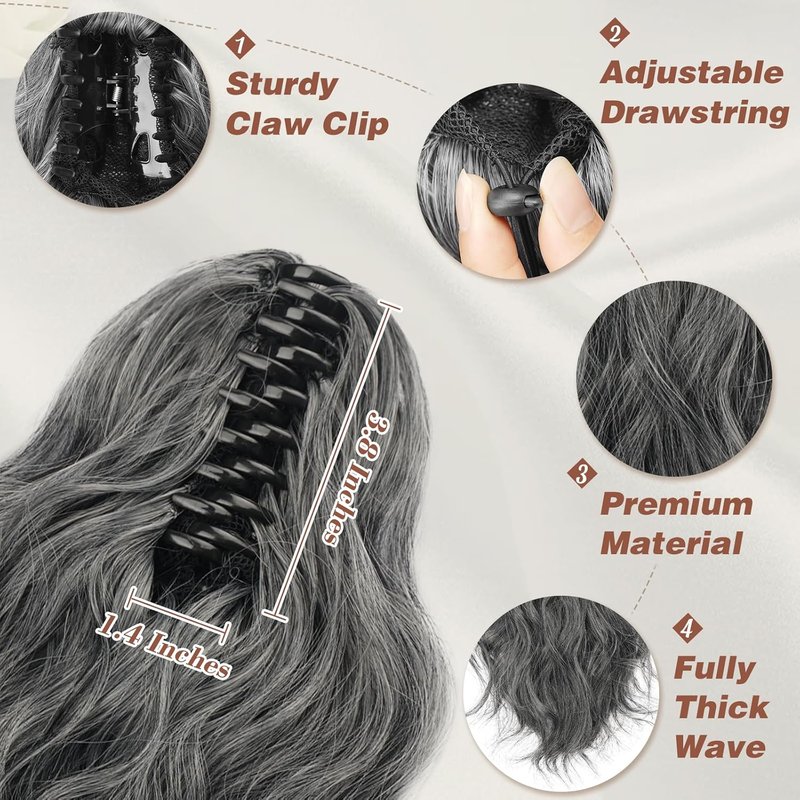 Claw Clip Ponytail Extensions - 14 Inch Wavy Gray Synthetic Hairpiece | Black & Gray Mix