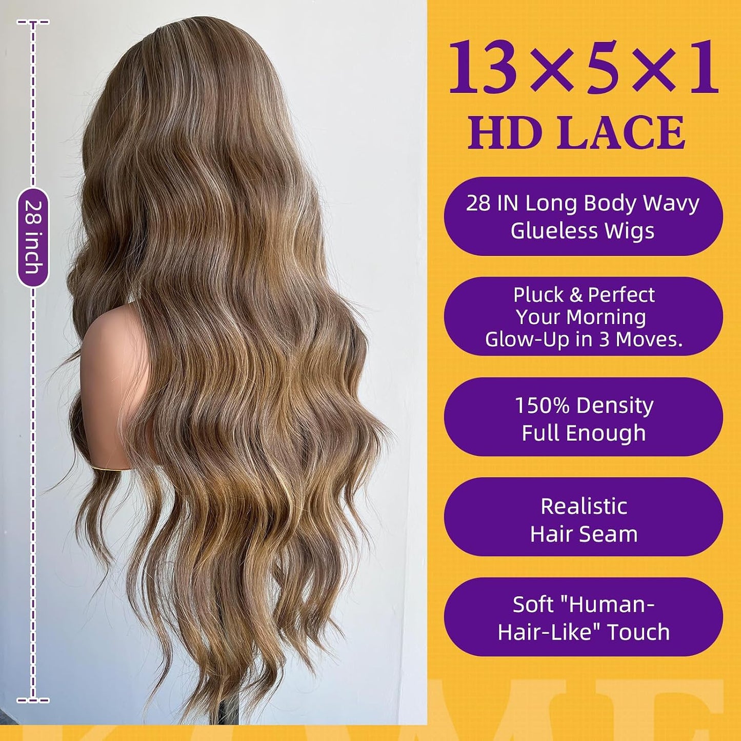 KOME Ash Brown Synthetic Lace Front Wig - T Part Glueless Long Body Wavy Style | 28 Inch with Bangs for Women
