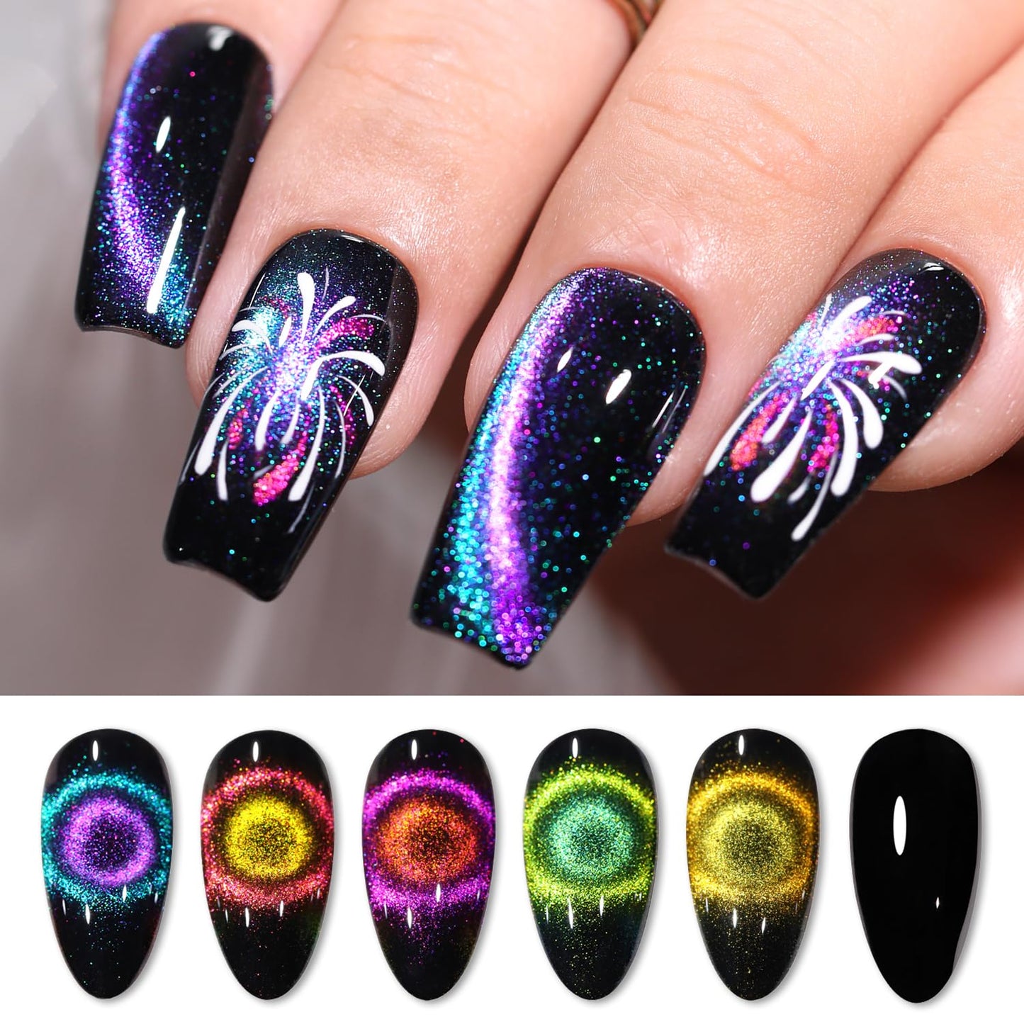 Cat Eye Gel Polish Set - 6 Shimmering Colors with Magnetic Holographic Effect | UV Nail Art Kit