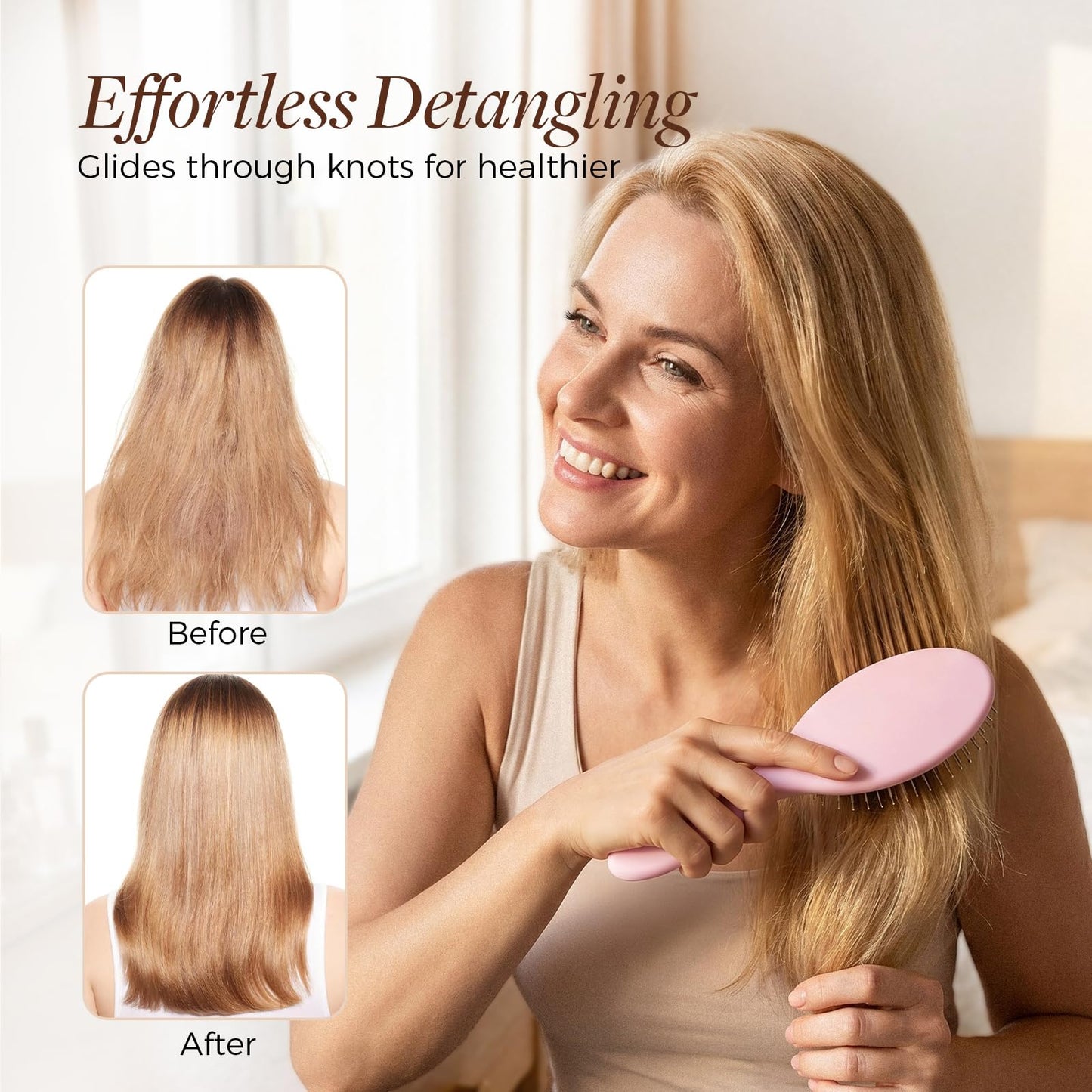 Yulume Air Cushion Paddle Brush, Round-Tip Steel Pins for Scalp Massage, Pain-Free Detangling for Wet & Dry, Curly & Thick Hair, Anti-Static, Bonus Tail Comb & Clip, Pink