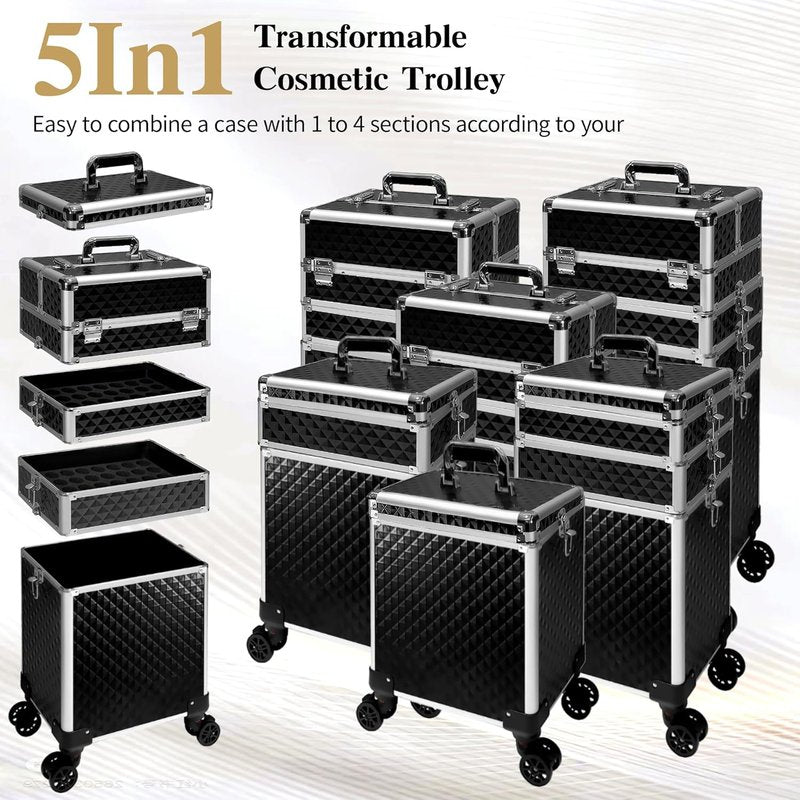 Rolling Makeup Train Case - 5 in 1 Professional Cosmetic Organizer on Wheels | Large Black Storage for Hairstylists & Artists