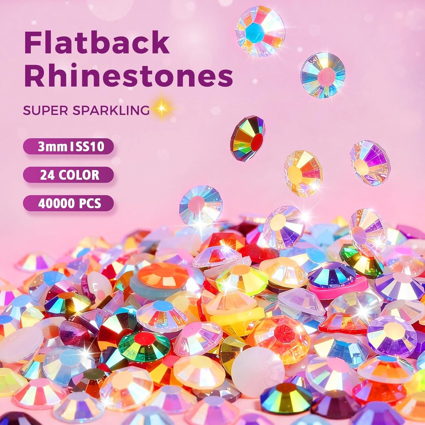 Resin Jelly Rhinestones 40000 Pcs - 3mm Multicolor Flatback Gems | Bedazzling Kit with B7000 Glue & Tools for Crafts