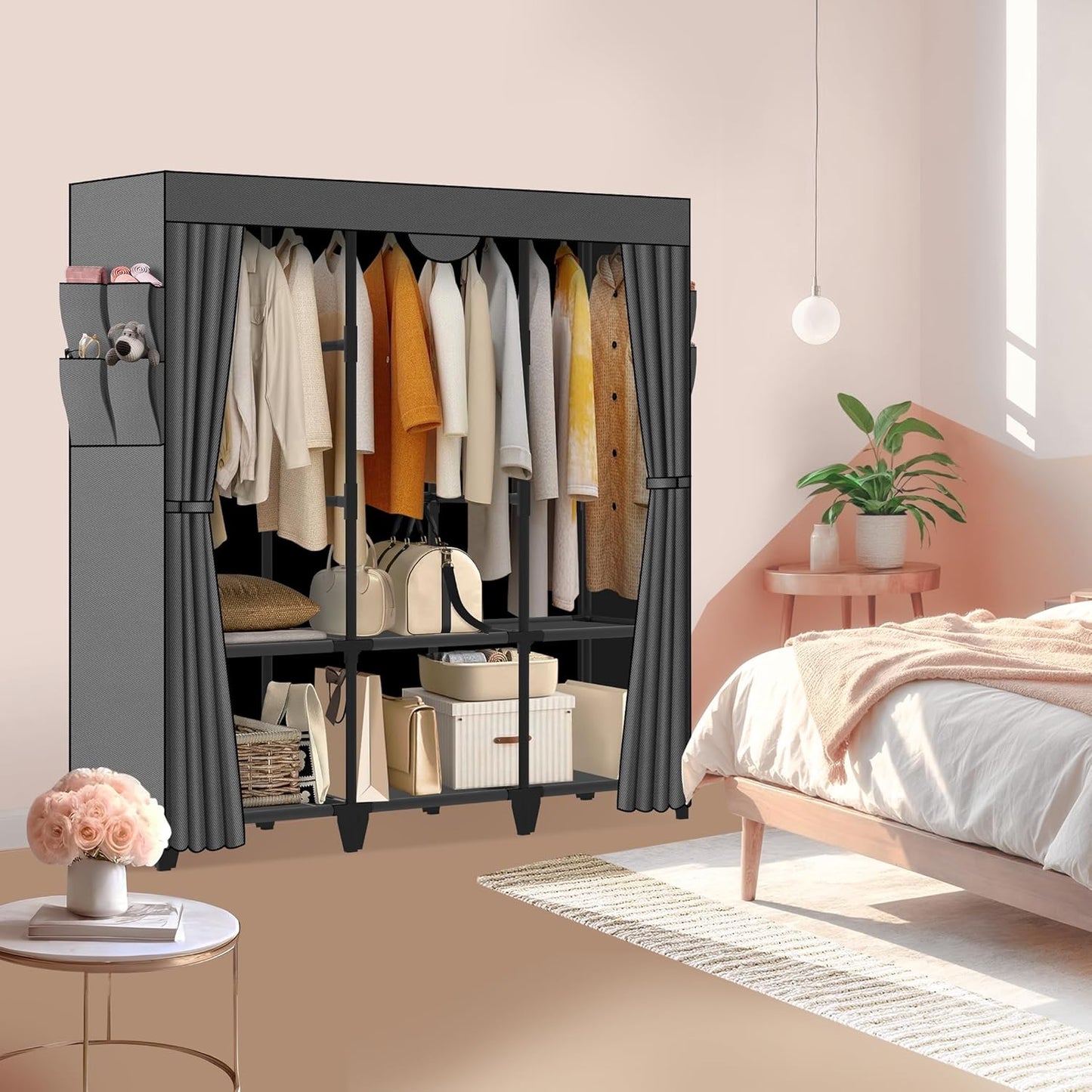 Portable Closet - Large Capacity Gray Wardrobe with 3 Hanging Rods, 6 Shelves & 8 Pockets | Easy Assembly for Bedroom & Living Room