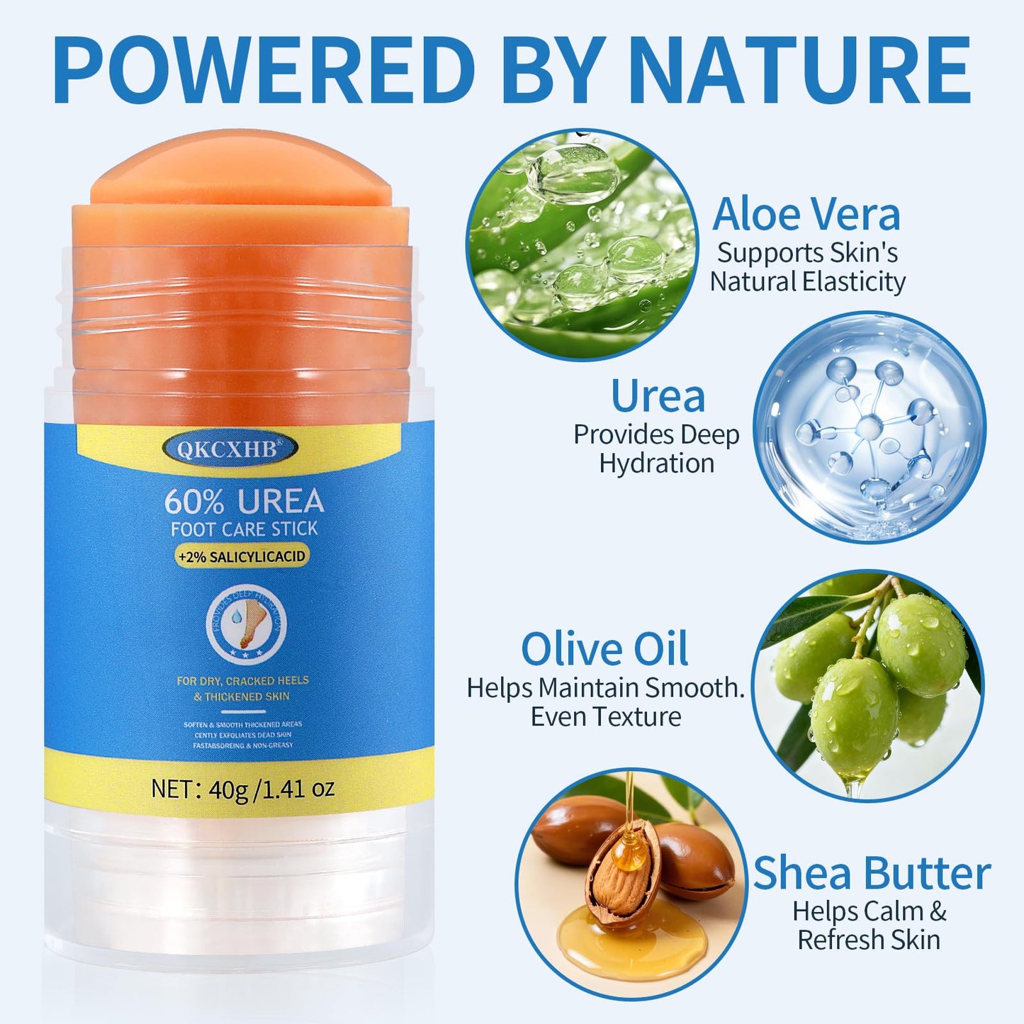 60% Urea Foot Cream Stick Plus 2% Salicylic Acid - Maximum Strength Callus Remover for Dry Cracked Heels & Feet - Touch-Free Exfoliating Moisturizer Bar for Rough Elbows, Knees & Sensitive Skin