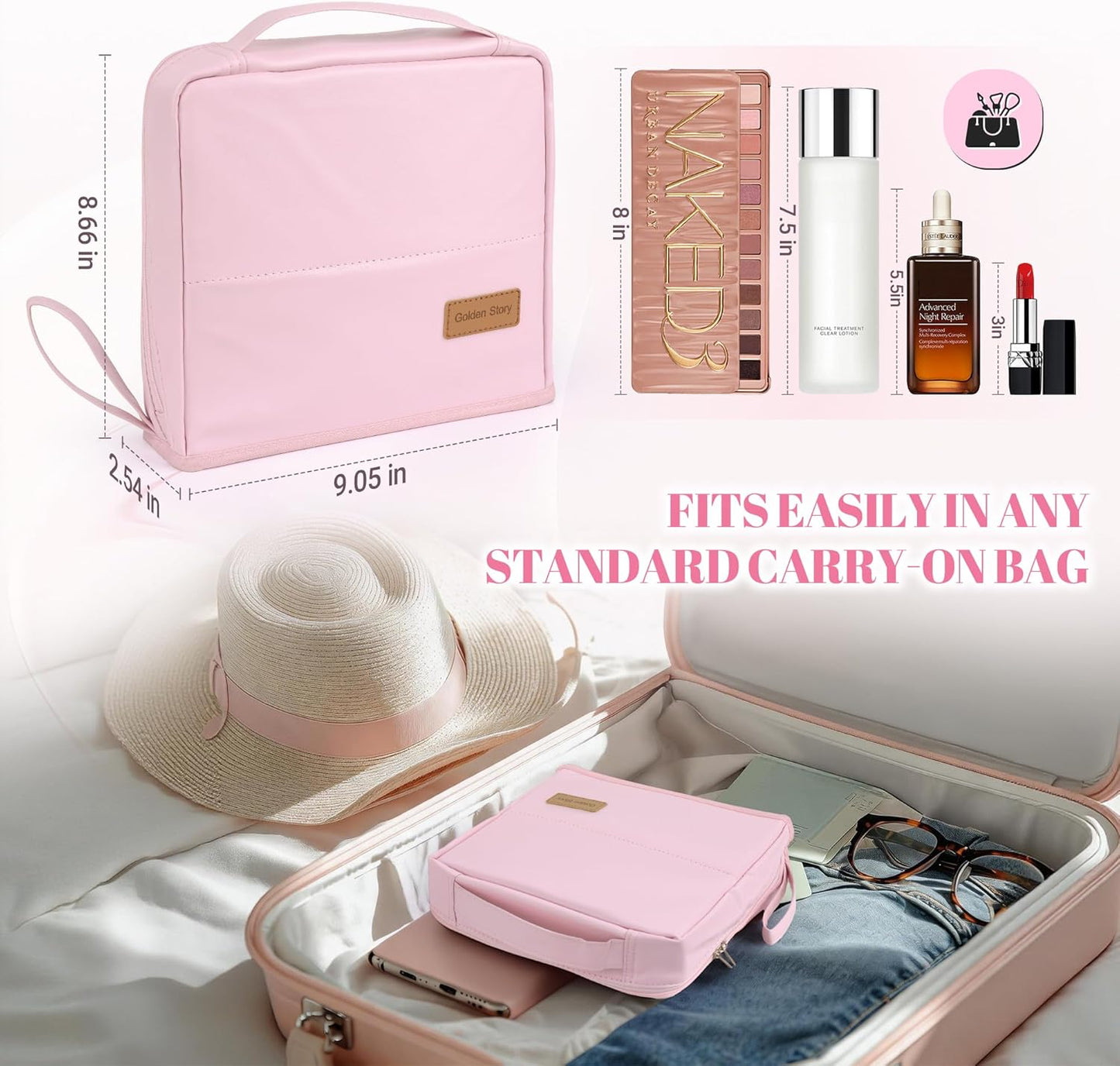 Portable Leather Makeup Bag - Waterproof Travel Cosmetic Organizer with Compartments | Large Capacity - Pink