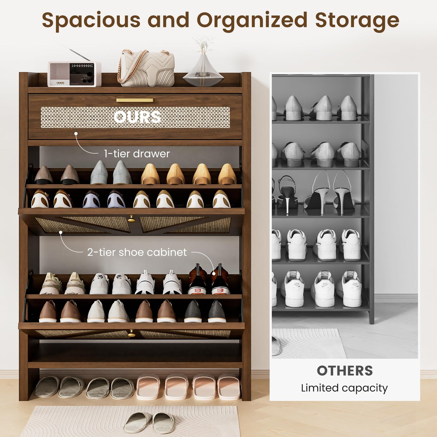 Regmuse Rattan Shoe Storage Cabinet - Hidden Entryway Shoe Storage with Adjustable Shelf, Slim Shoe Organizer Cabinet with 2 Flip Drawers & 1 Drawer, Modern Shoe Cabinet Storage for Hallway Entrance