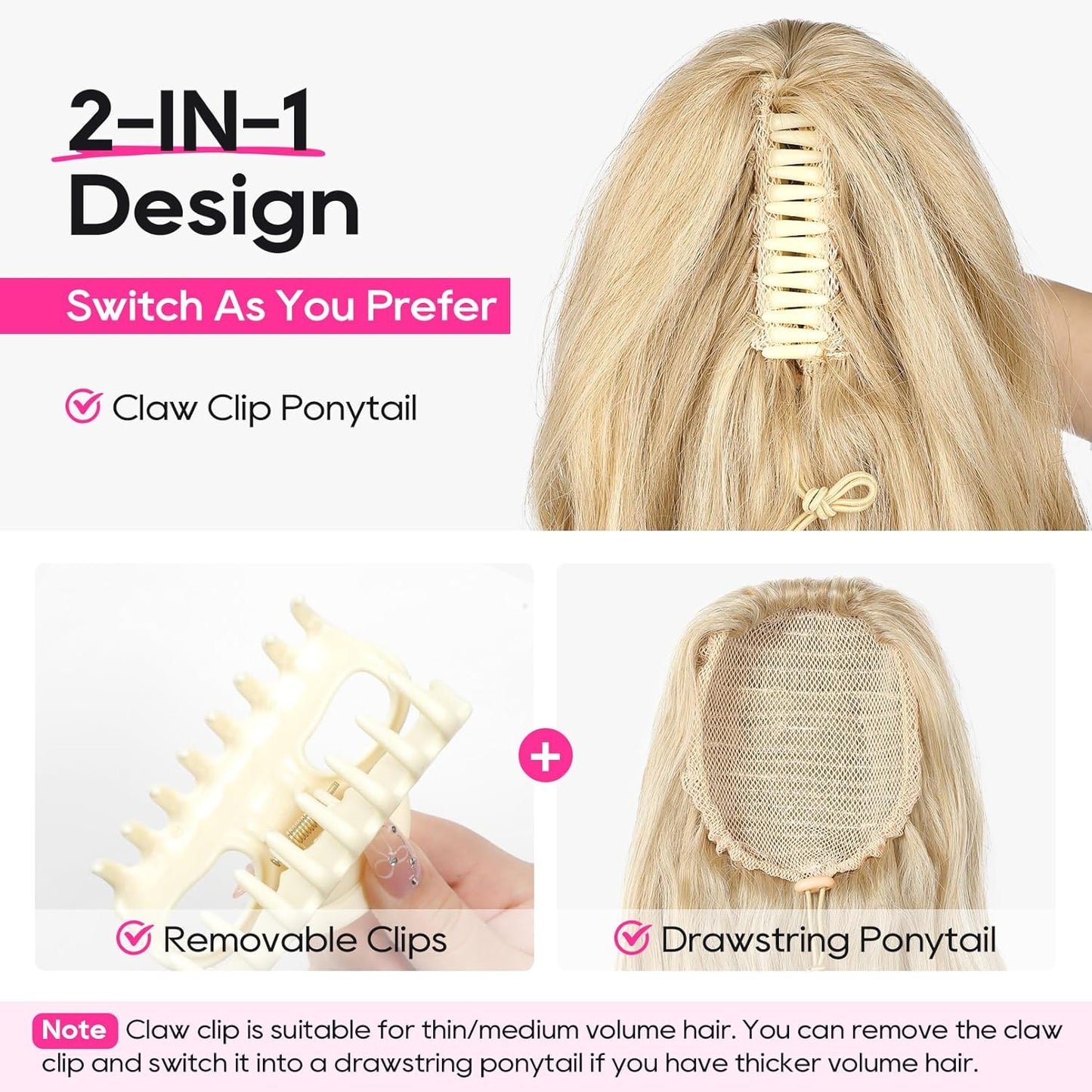 Ponytail Extension - 24" Claw Clip In Long Curly Wavy Hairpiece | Medium Blonde with Highlights