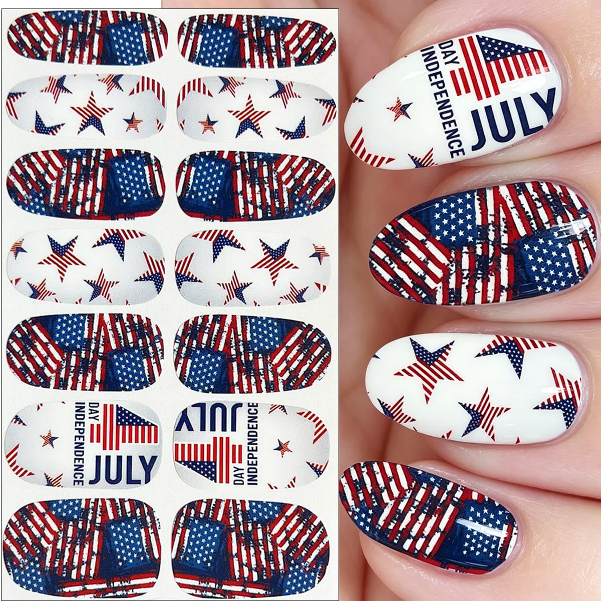 4th of July Gel Nail Stickers Star American Flag Design Independence Day Gel Nail Polish Strips Firework Balloon Patriotic Full Nail Wrap Decals Holiday Nail Strips Stickers for Women Manicure 4Sheets