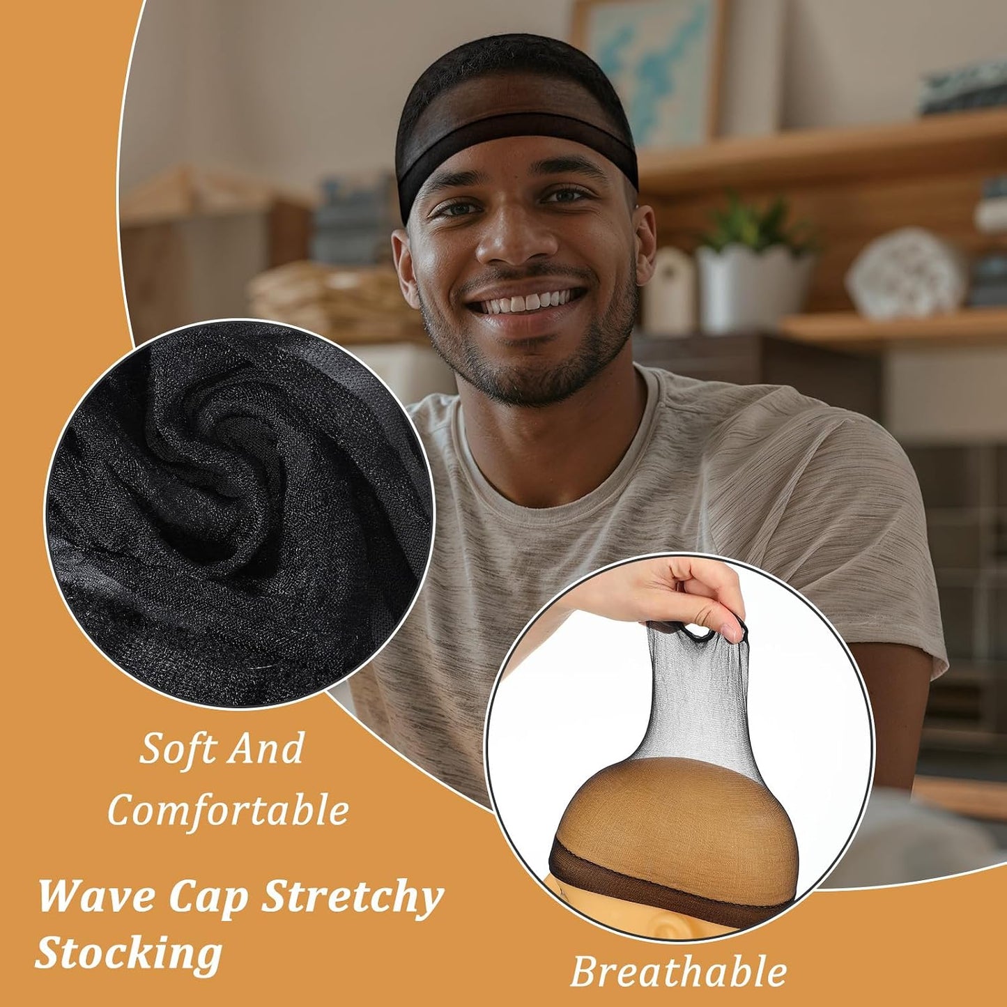 10Pcs Stocking Wave Cap for Men - Elastic Stretchy Hair Net | Breathable Black Wig Caps