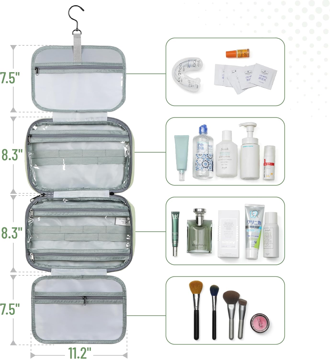 Travel Toiletry Bag Organizer - Green Makeup Bag with Hanging Hook | Water-Resistant Design