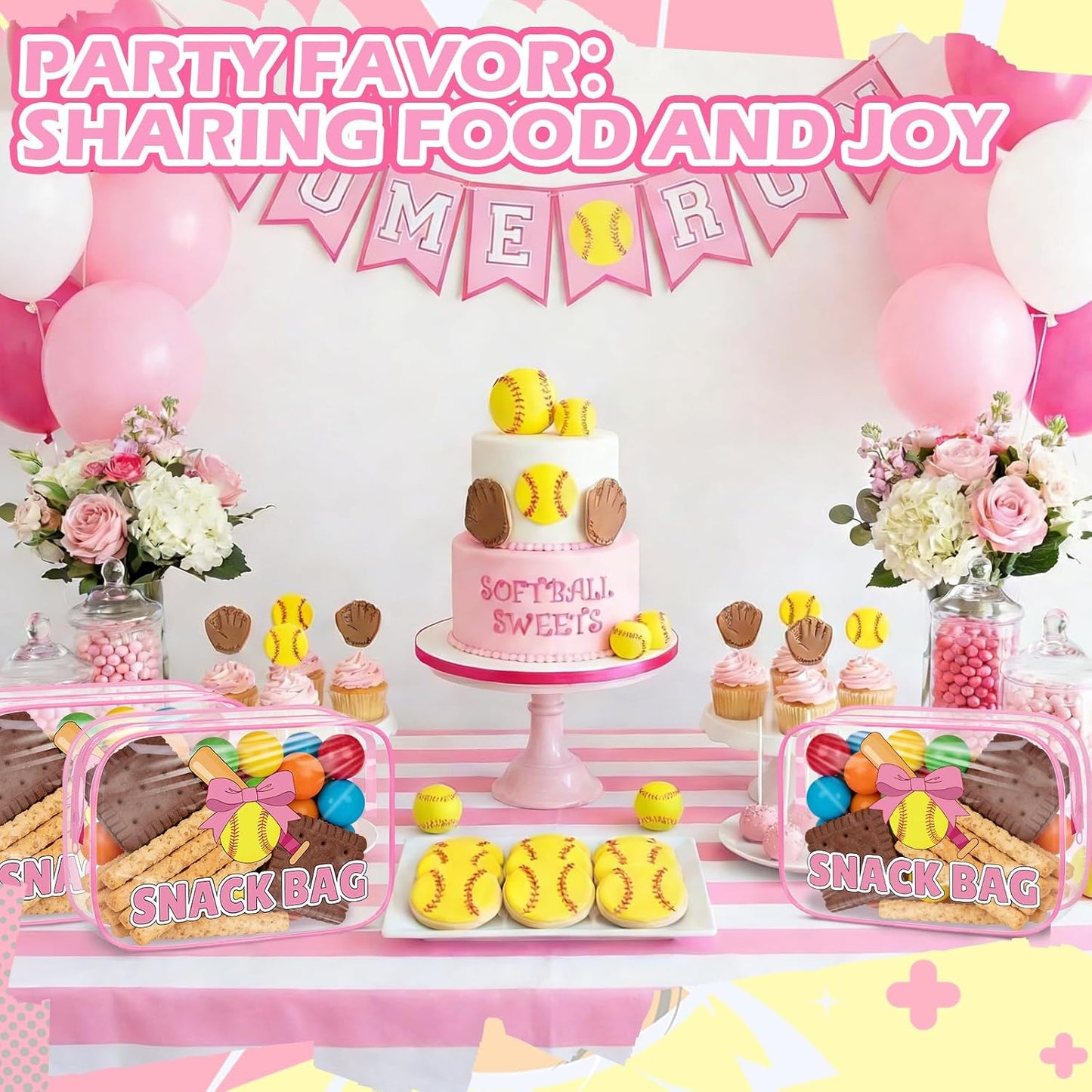 Softball Party Favors - 12 Pink Bow Snack Bags for Girls | Goodie Bags for Birthdays & Back to School, 7.09 x 4.72 x 2.36 Inch
